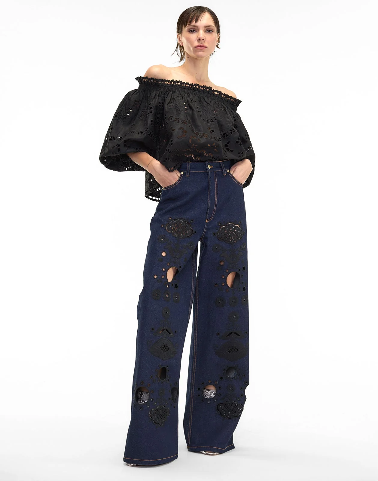 Cynthia Rowley Embroidered Wide-leg Jeans - Dark Wash - Image 3