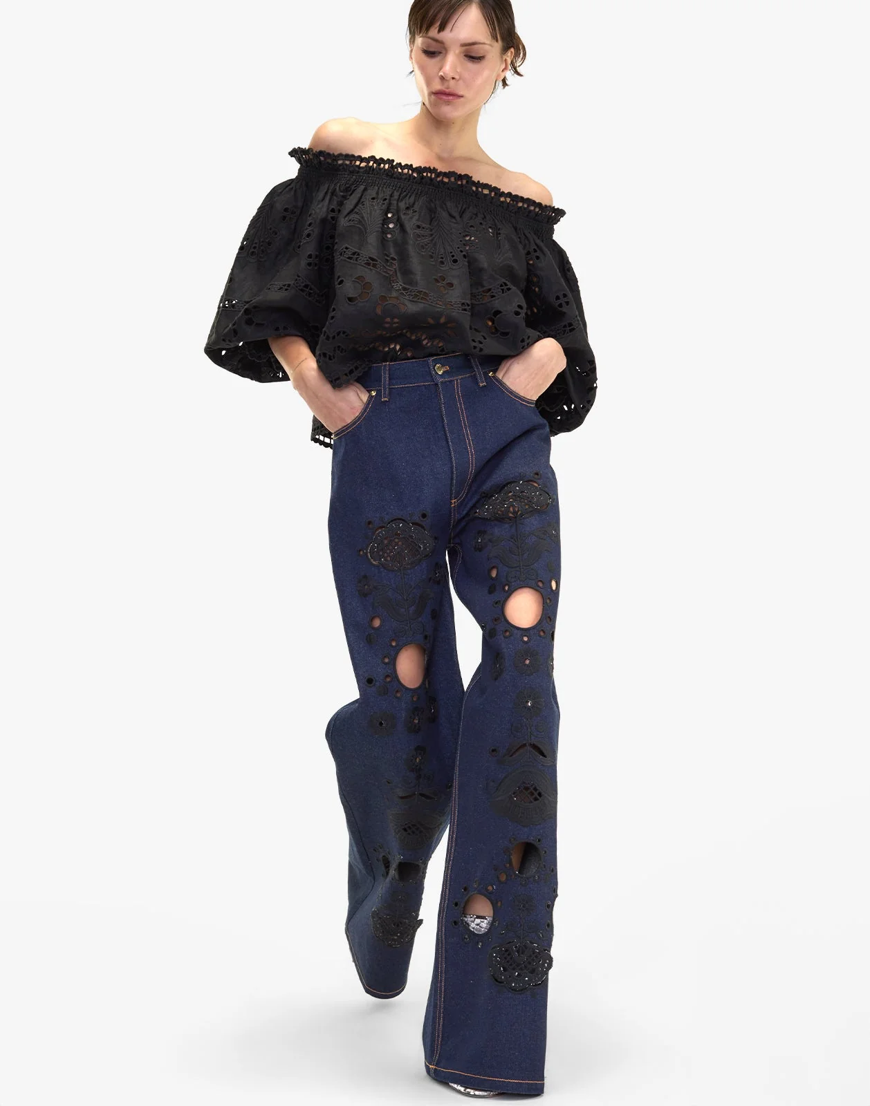 Cynthia Rowley Embroidered Wide-leg Jeans - Dark Wash - Image 5