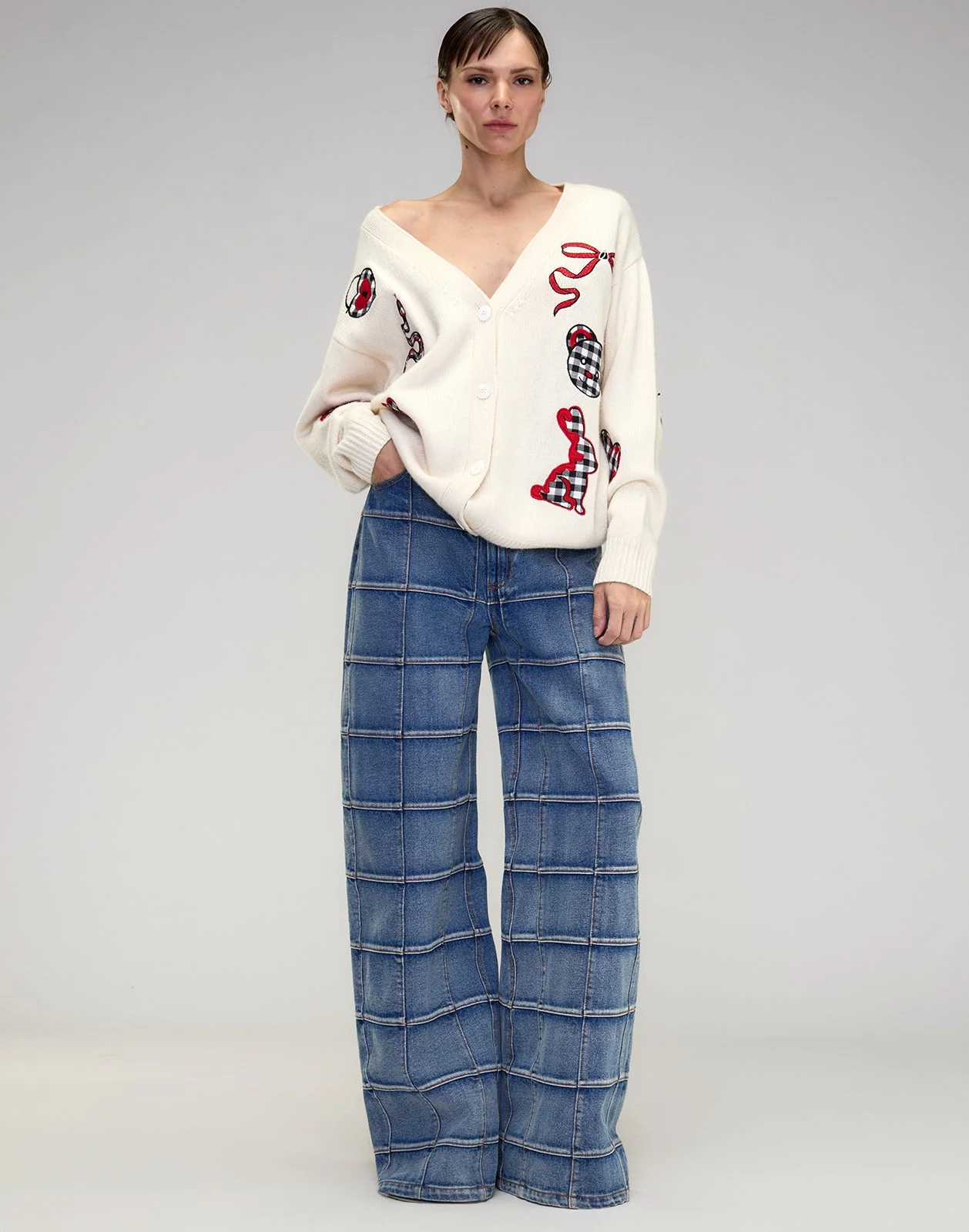 Cynthia Rowley Playful Patchwork Cardigan - White/Red - Image 2