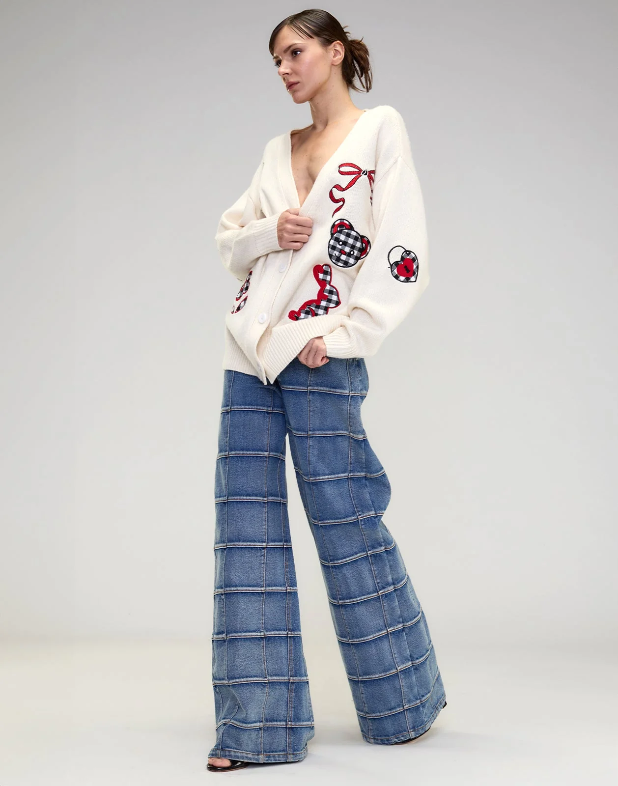 Cynthia Rowley Playful Patchwork Cardigan - White/Red - Image 3