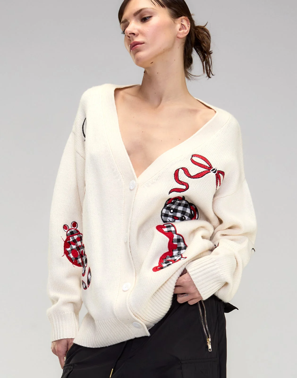 Cynthia Rowley Playful Patchwork Cardigan - White/Red - Image 5