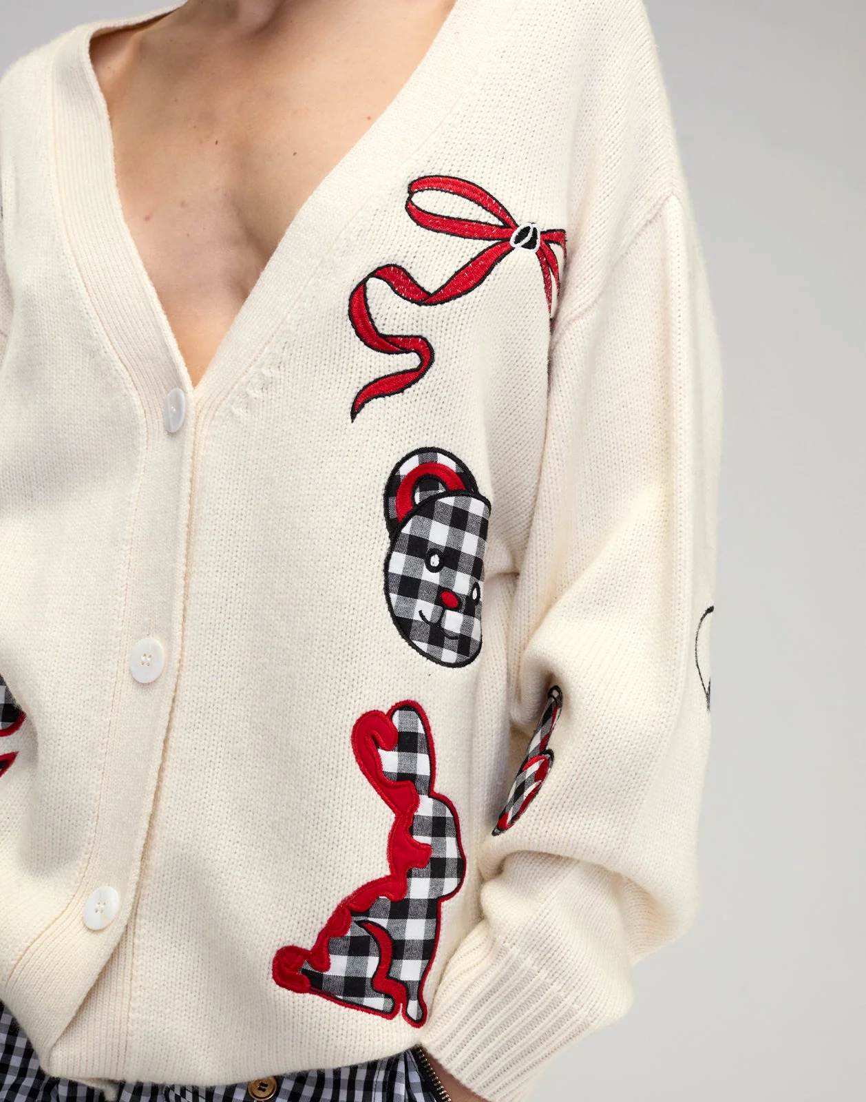 Cynthia Rowley Playful Patchwork Cardigan - White/Red - Image 6