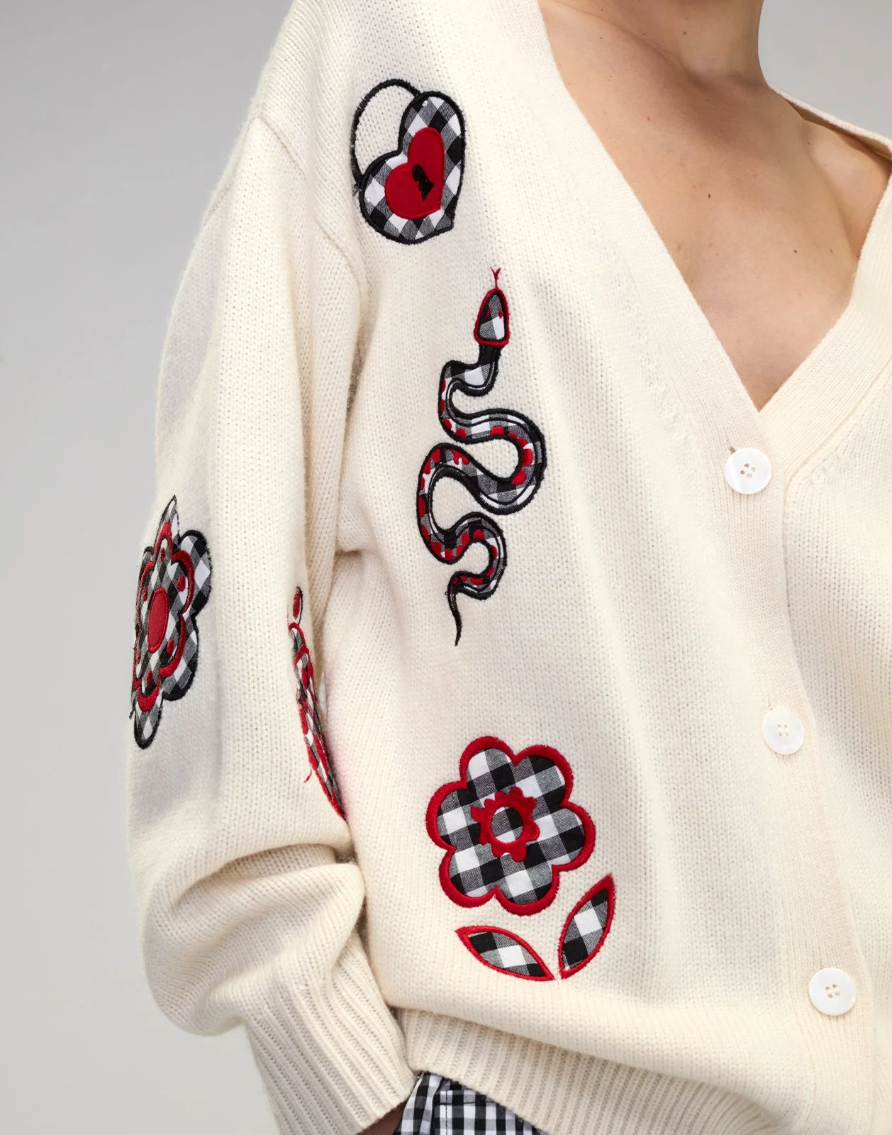 Cynthia Rowley Playful Patchwork Cardigan - White/Red - Image 8