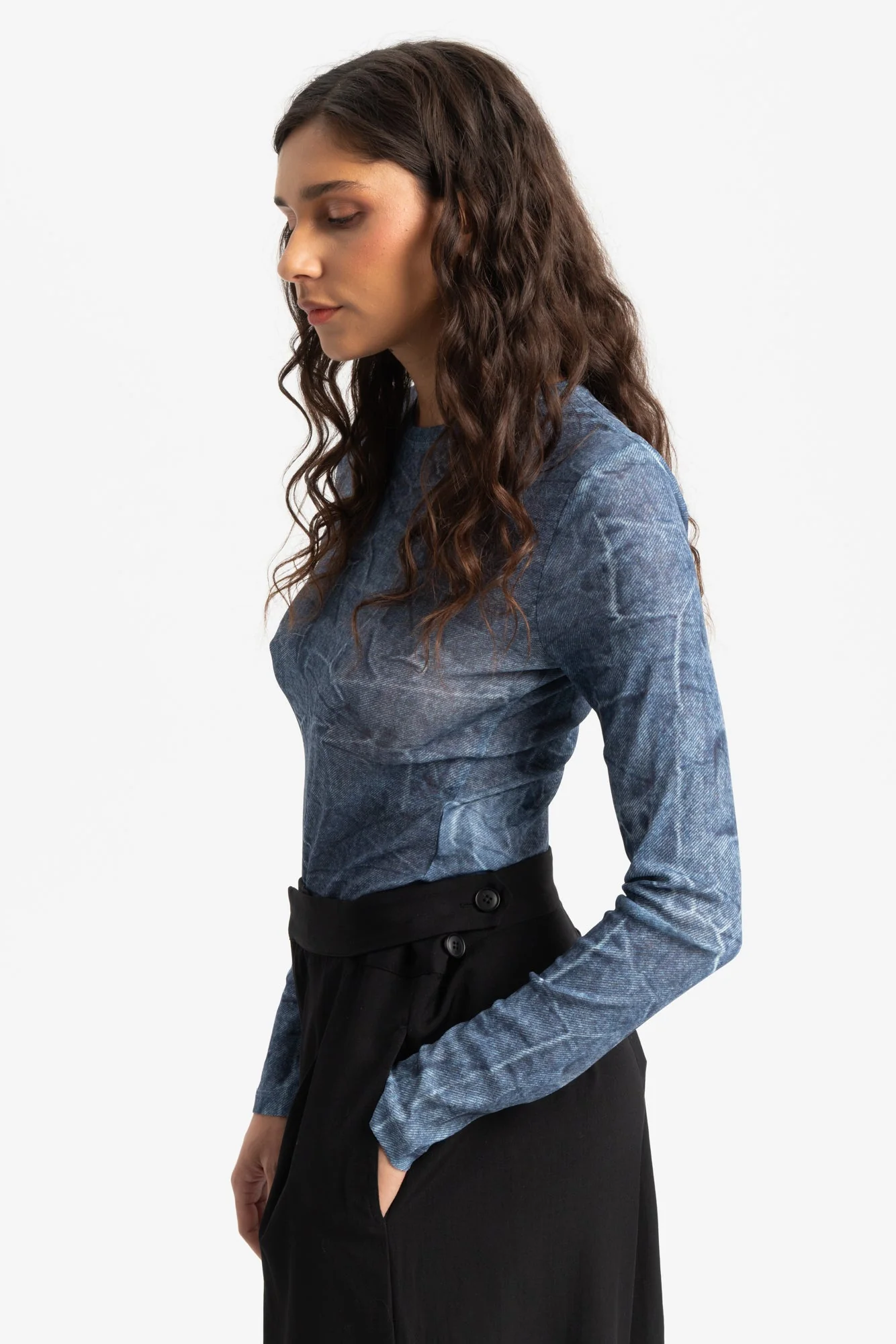 Ganni Long Sleeve Crewneck Blouse - Denim - Image 2