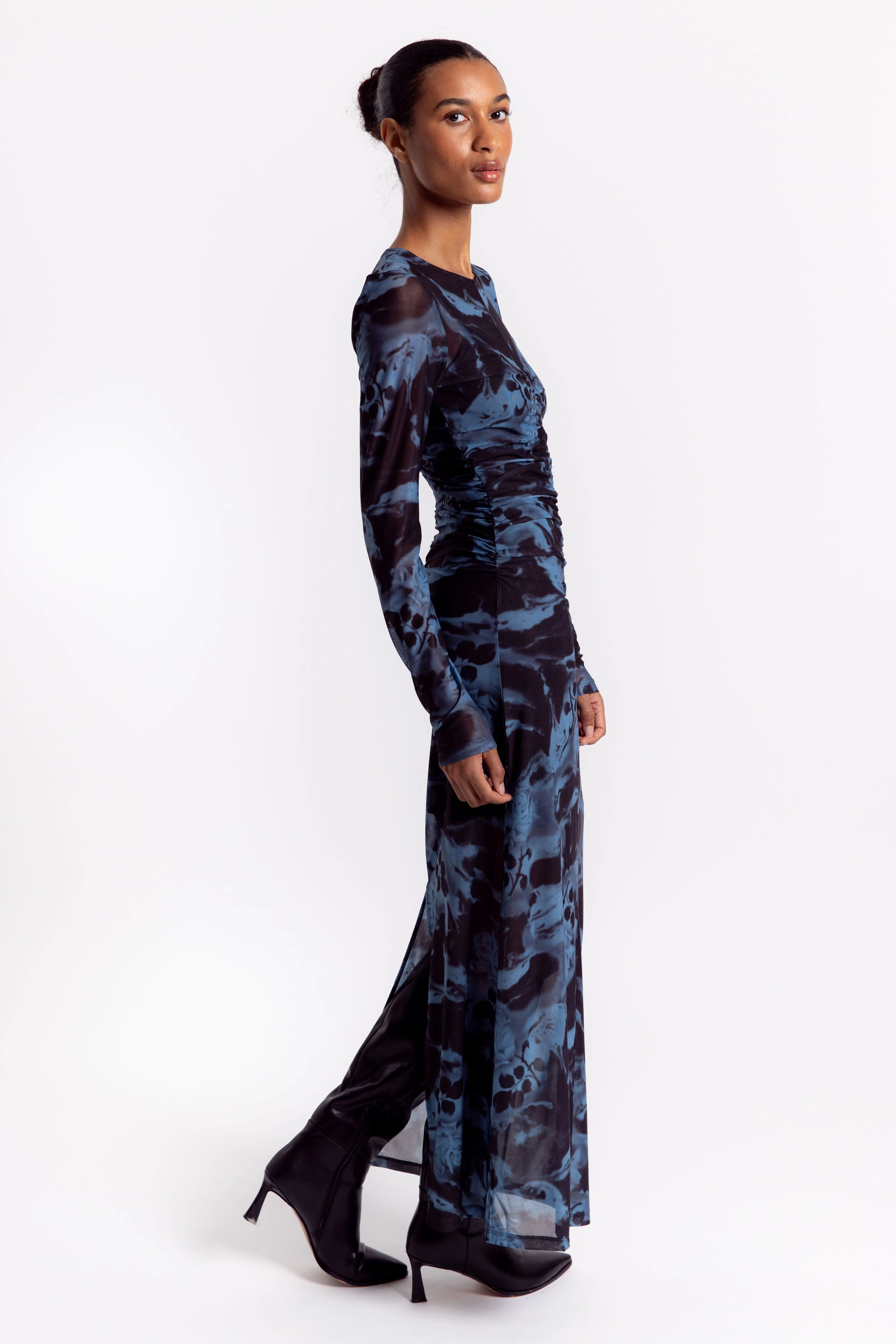 Ganni Printed Mesh O-neck Ruched Long Dress - Blue Shadow - Image 2