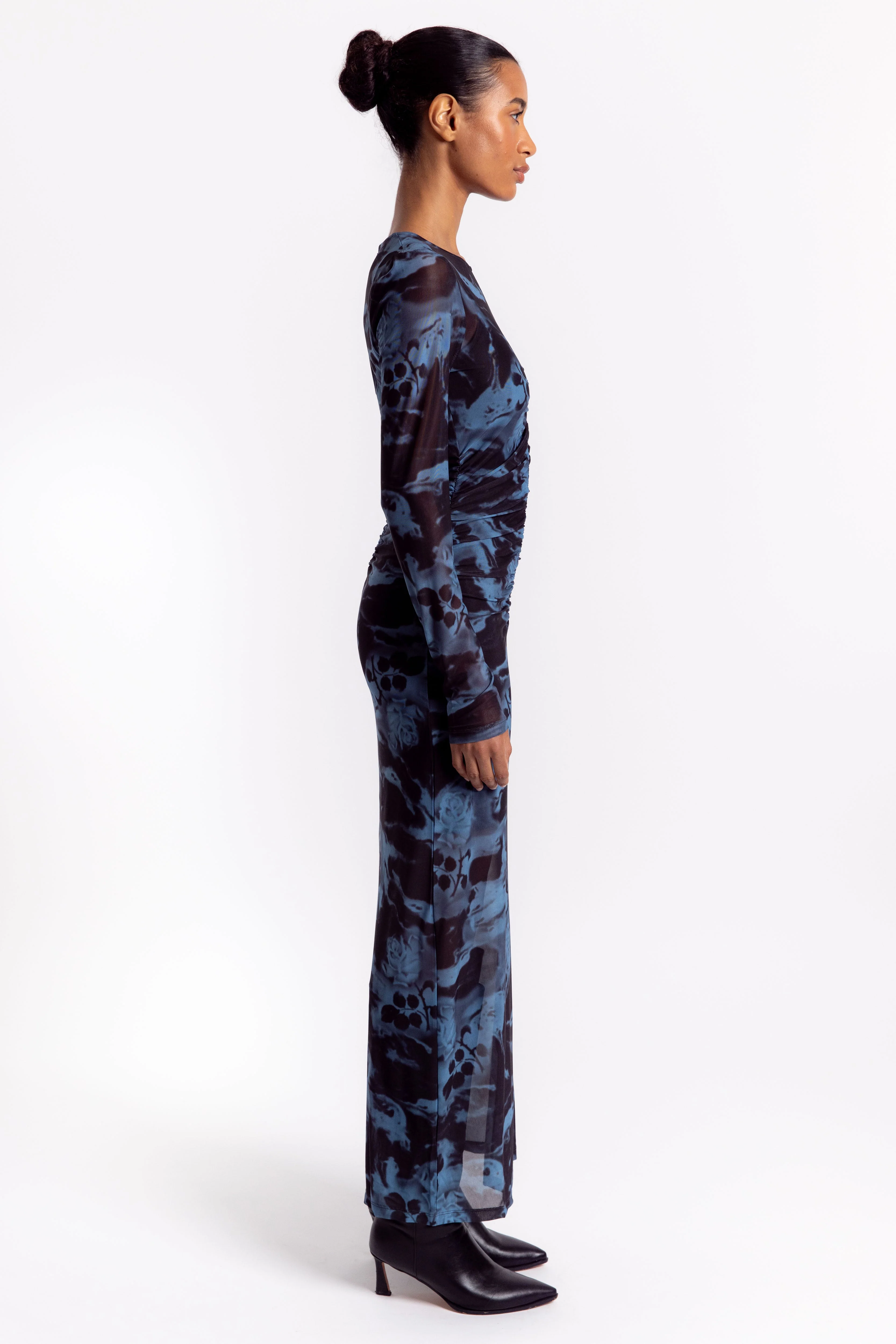 Ganni Printed Mesh O-neck Ruched Long Dress - Blue Shadow - Image 3