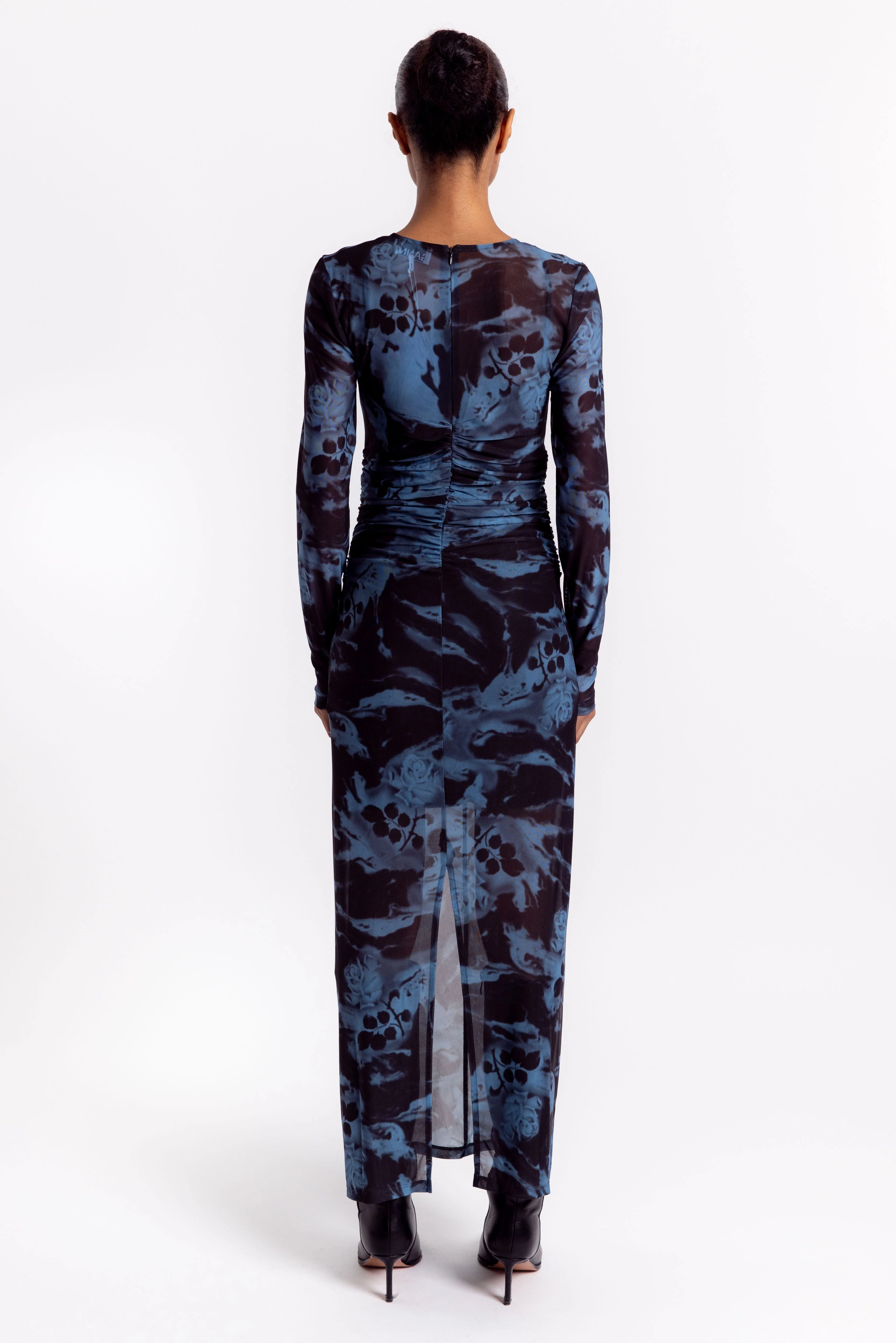 Ganni Printed Mesh O-neck Ruched Long Dress - Blue Shadow - Image 4