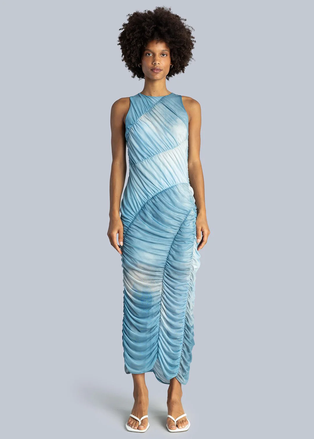 Esthé Mesh Asymmetric Gathered Midi Dress - Blue - Image 2