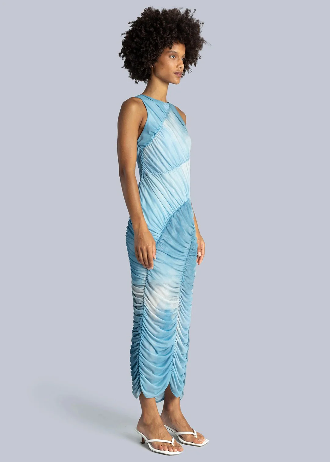 Esthé Mesh Asymmetric Gathered Midi Dress - Blue - Image 3