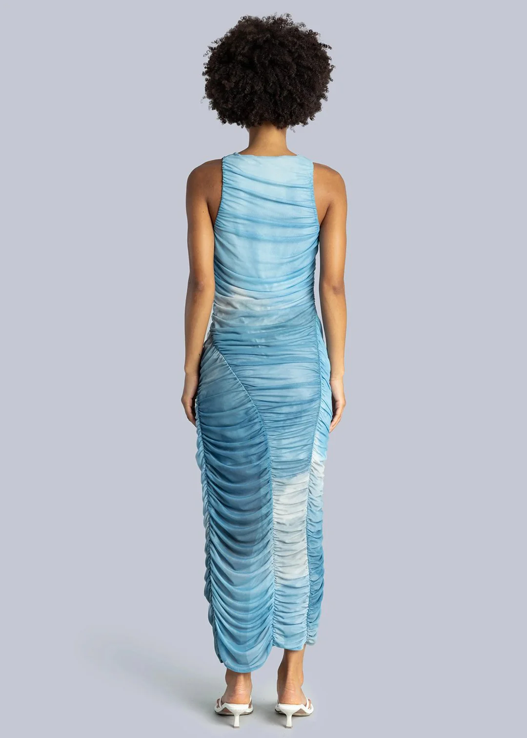 Esthé Mesh Asymmetric Gathered Midi Dress - Blue - Image 4