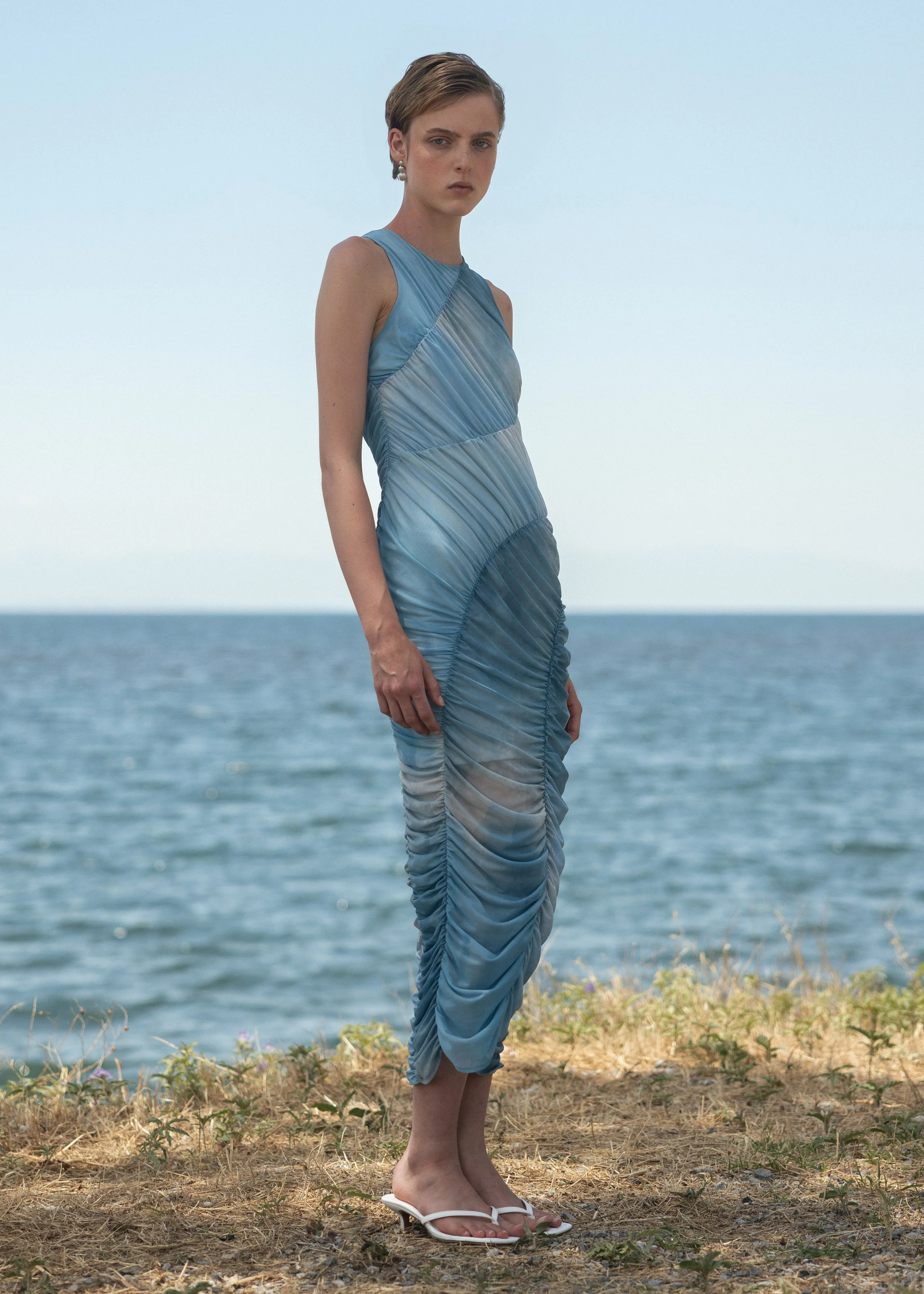 Esthé Mesh Asymmetric Gathered Midi Dress - Blue - Image 6