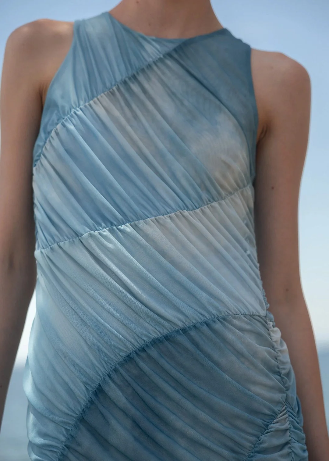 Esthé Mesh Asymmetric Gathered Midi Dress - Blue - Image 7