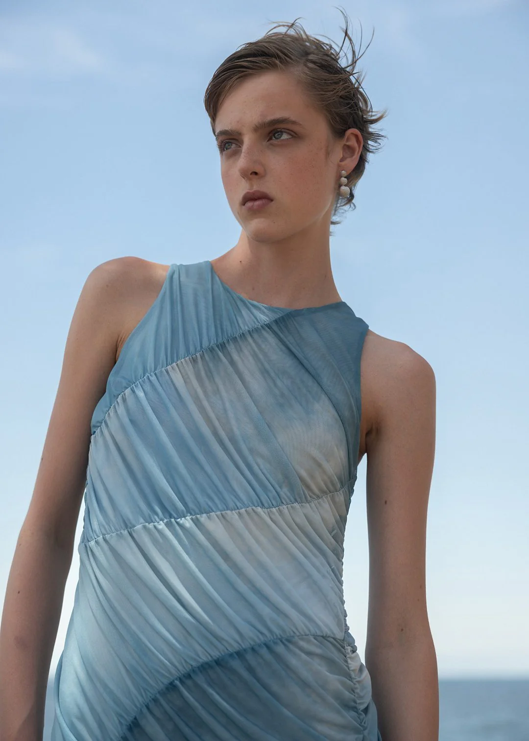 Esthé Mesh Asymmetric Gathered Midi Dress - Blue - Image 8