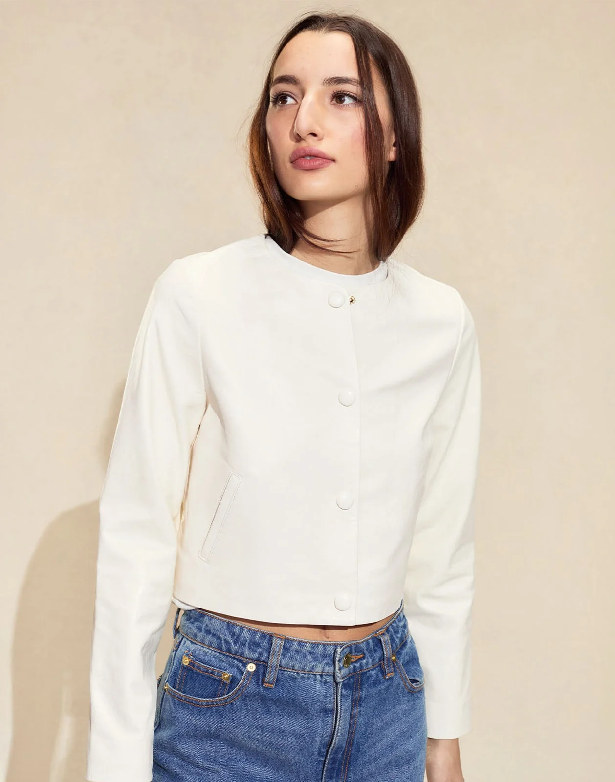 Cynthia Rowley Downtown Cropped Leather Jacket - Off White - Image 3