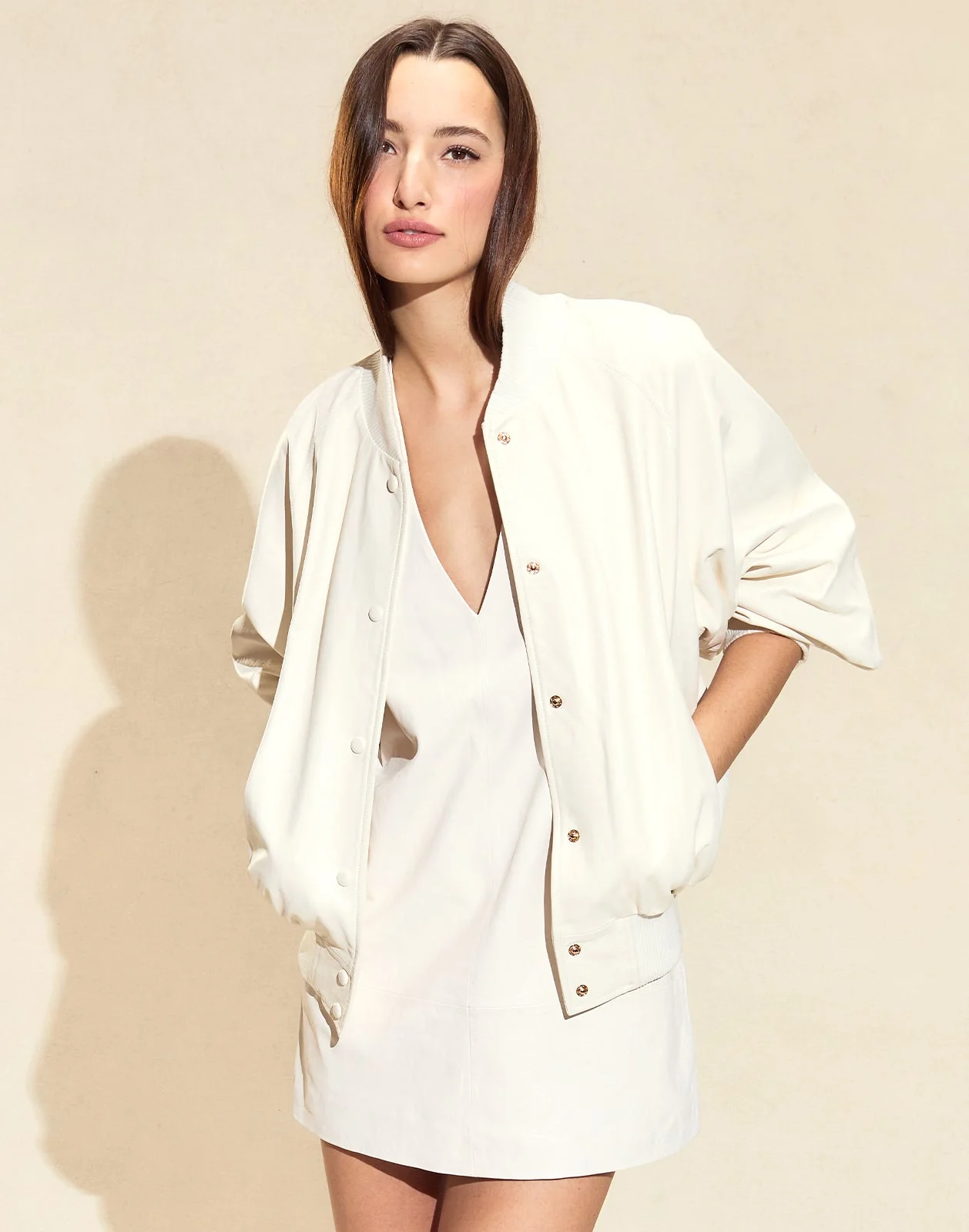 Cynthia Rowley Downtown Leather Bomber Jacket - Off White - Image 2