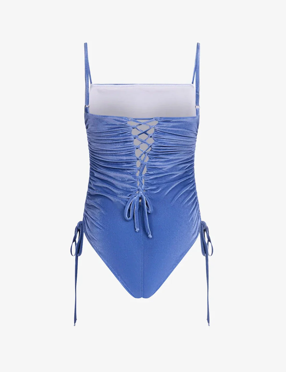 Priscavera Ocean Blue Velvet Lace-Up Ruched One Piece - Image 2
