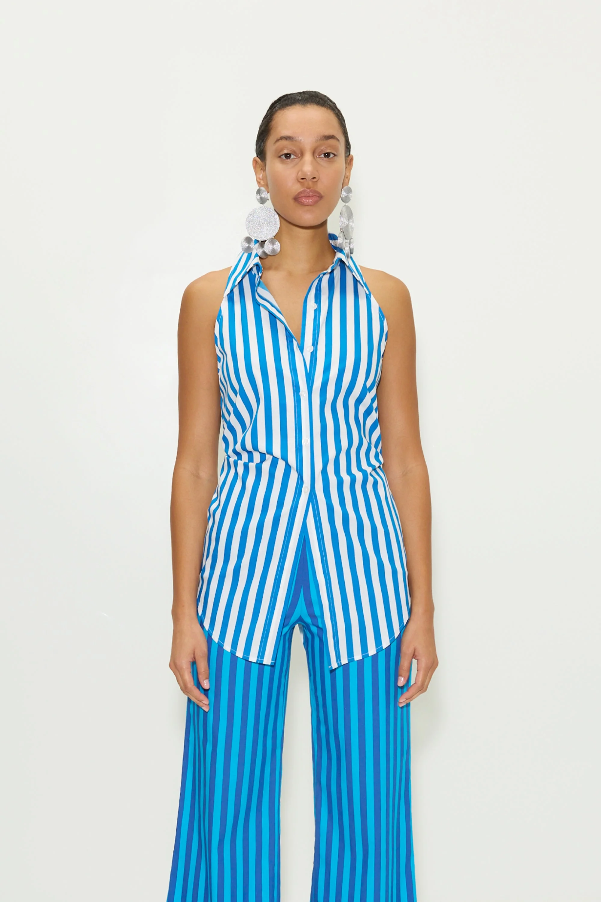 Simon Miller Loch Sleeveless Poplin Button Up - Blue Stripe - Image 4