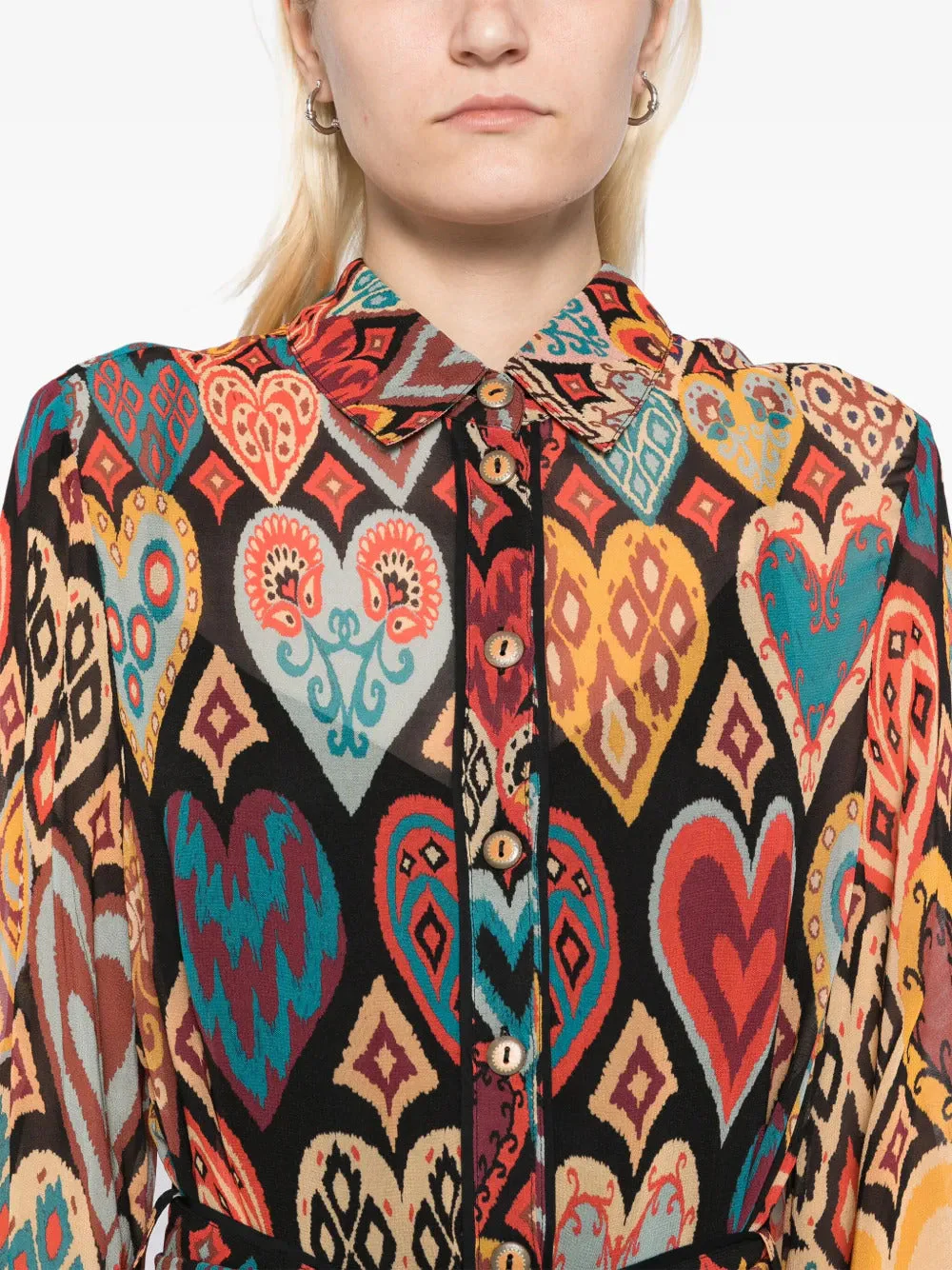 Farm Rio Belted Mini Shirt Dress - Hearts Ikat Black - Image 2