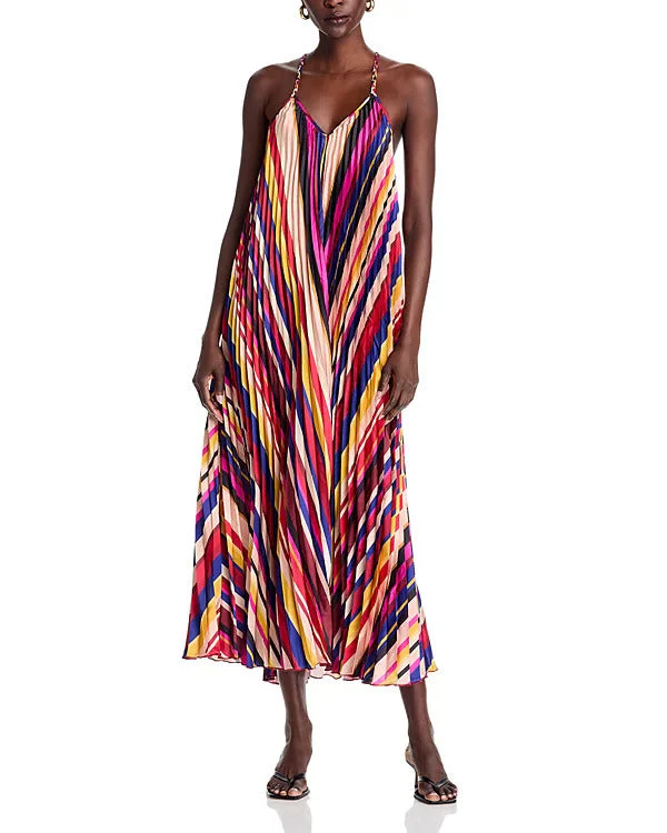 Farm Rio Pleated Midi Dress - Diagonal Stripes Multicolor - Image 2