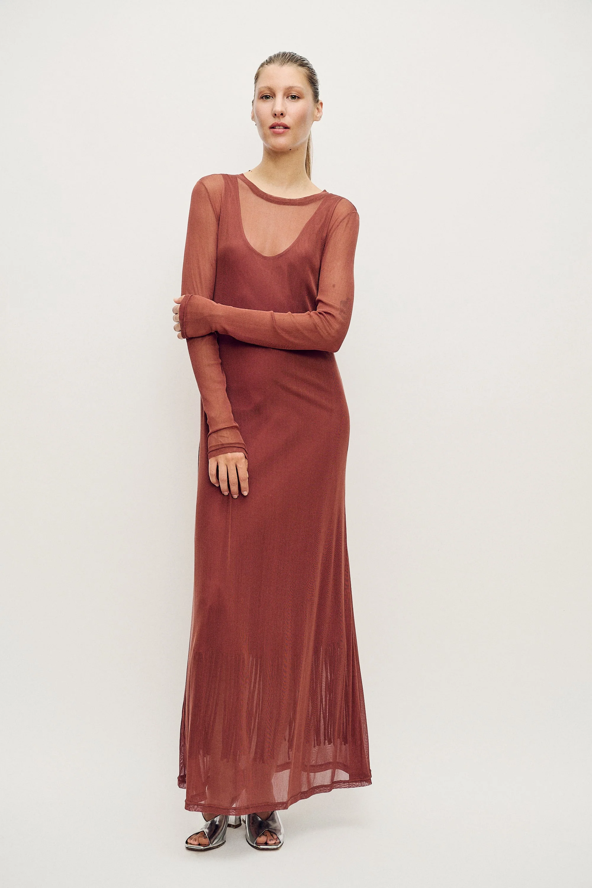 Silk Laundry Mesh Long Sleeve Dress - Canyon - Image 2