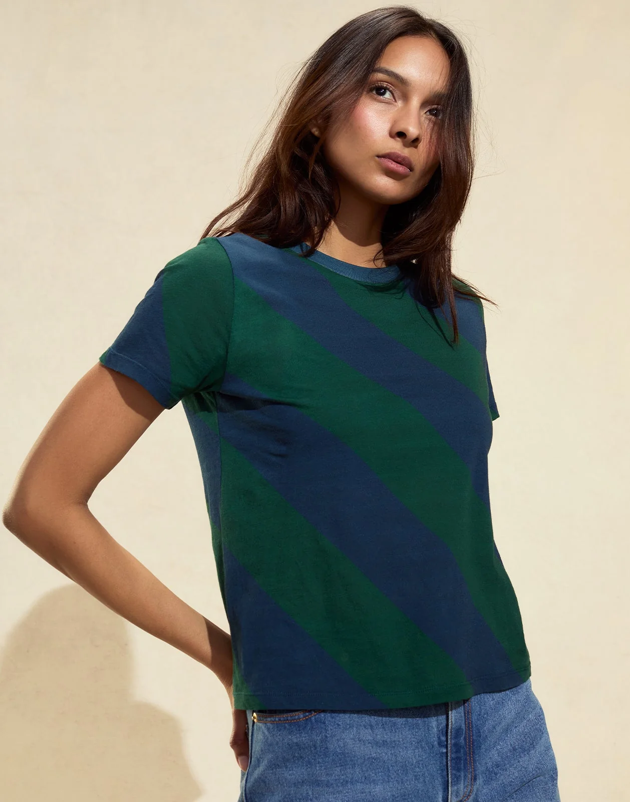 Cynthia Rowley Diagonal Stripe Tee - Green/Navy - Image 4