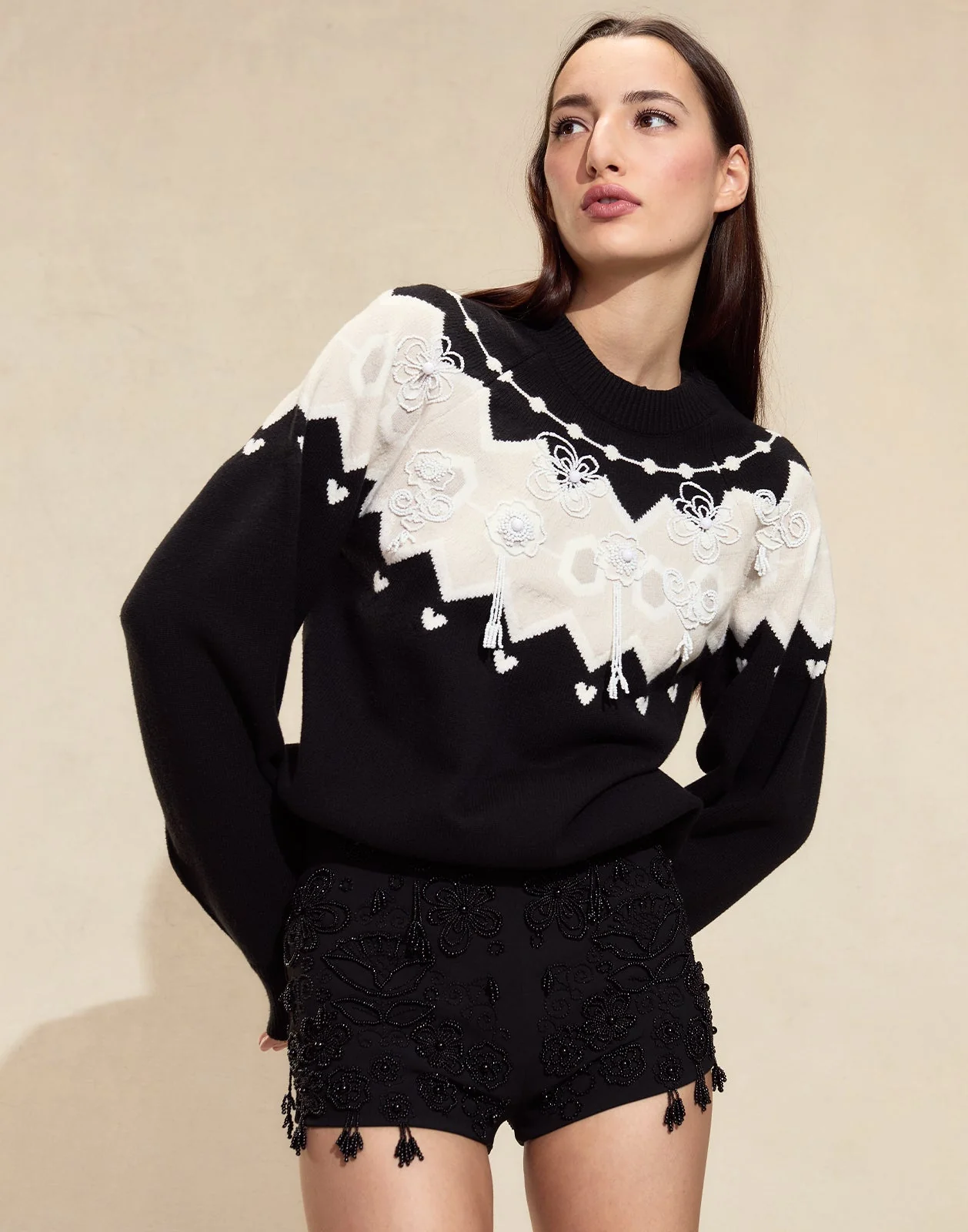 Cynthia Rowley Milei Beaded Sweater - Black/White