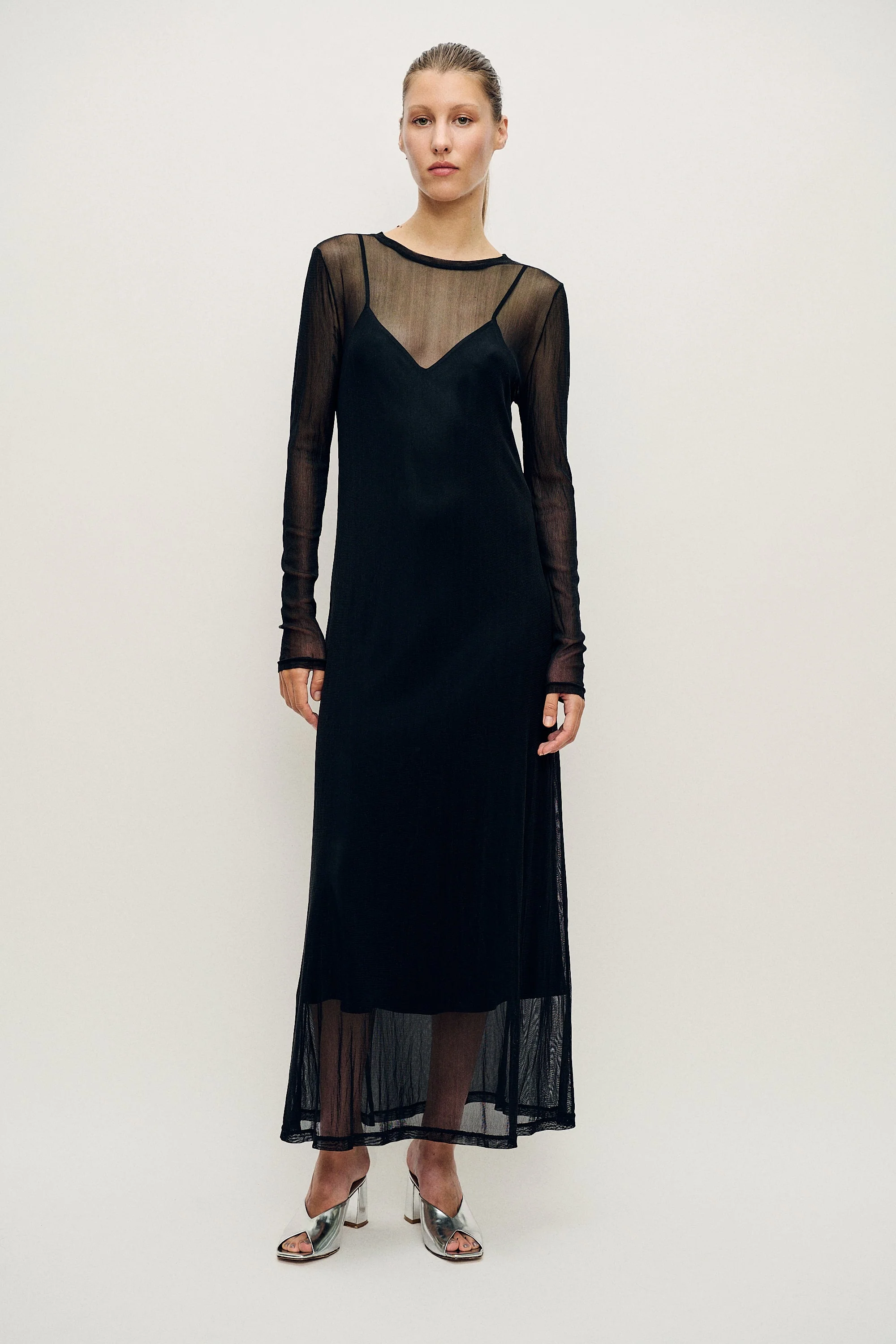 Silk Laundry Mesh Long Sleeve Dress - Black - Image 2