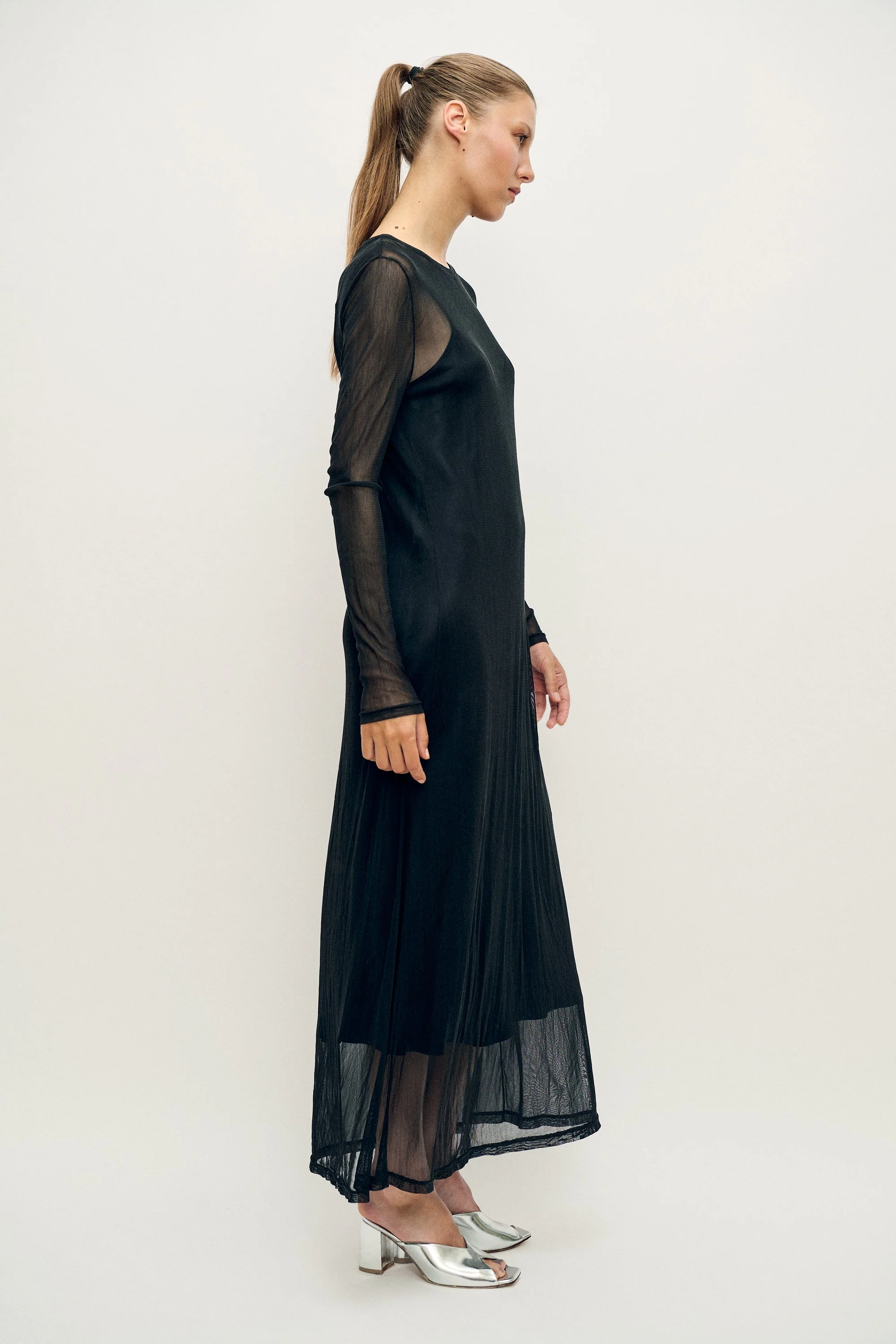 Silk Laundry Mesh Long Sleeve Dress - Black - Image 3