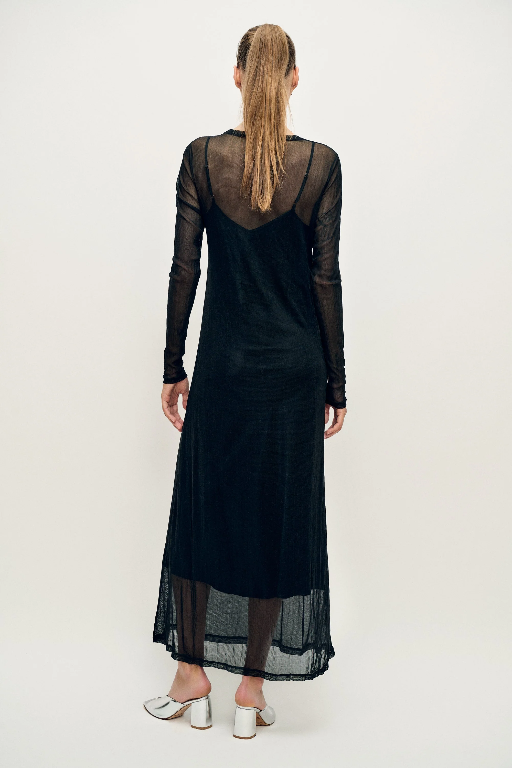Silk Laundry Mesh Long Sleeve Dress - Black - Image 4