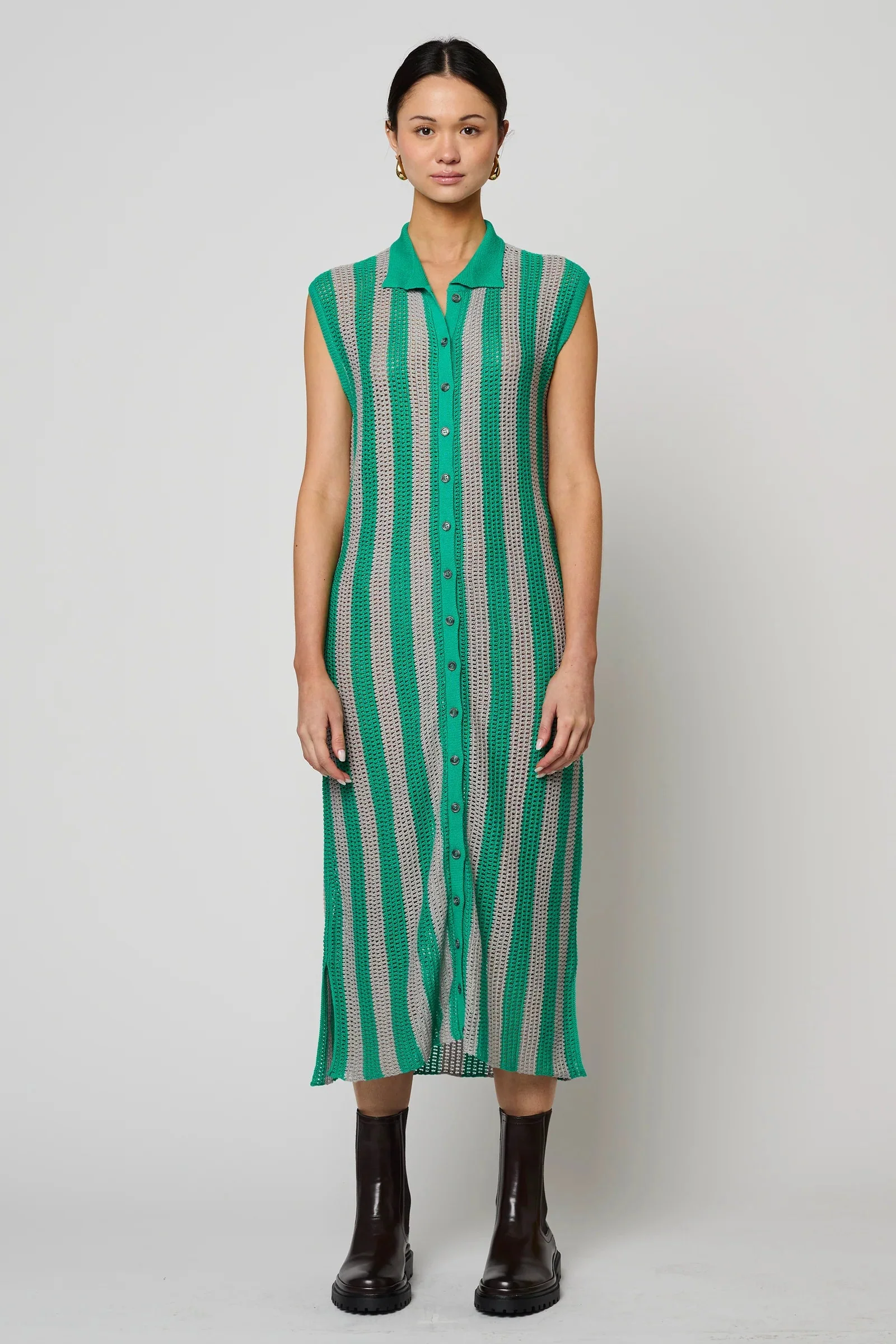 Atelier Delphine Shirt Dress Openwork Knit Dress - Green/ Silver