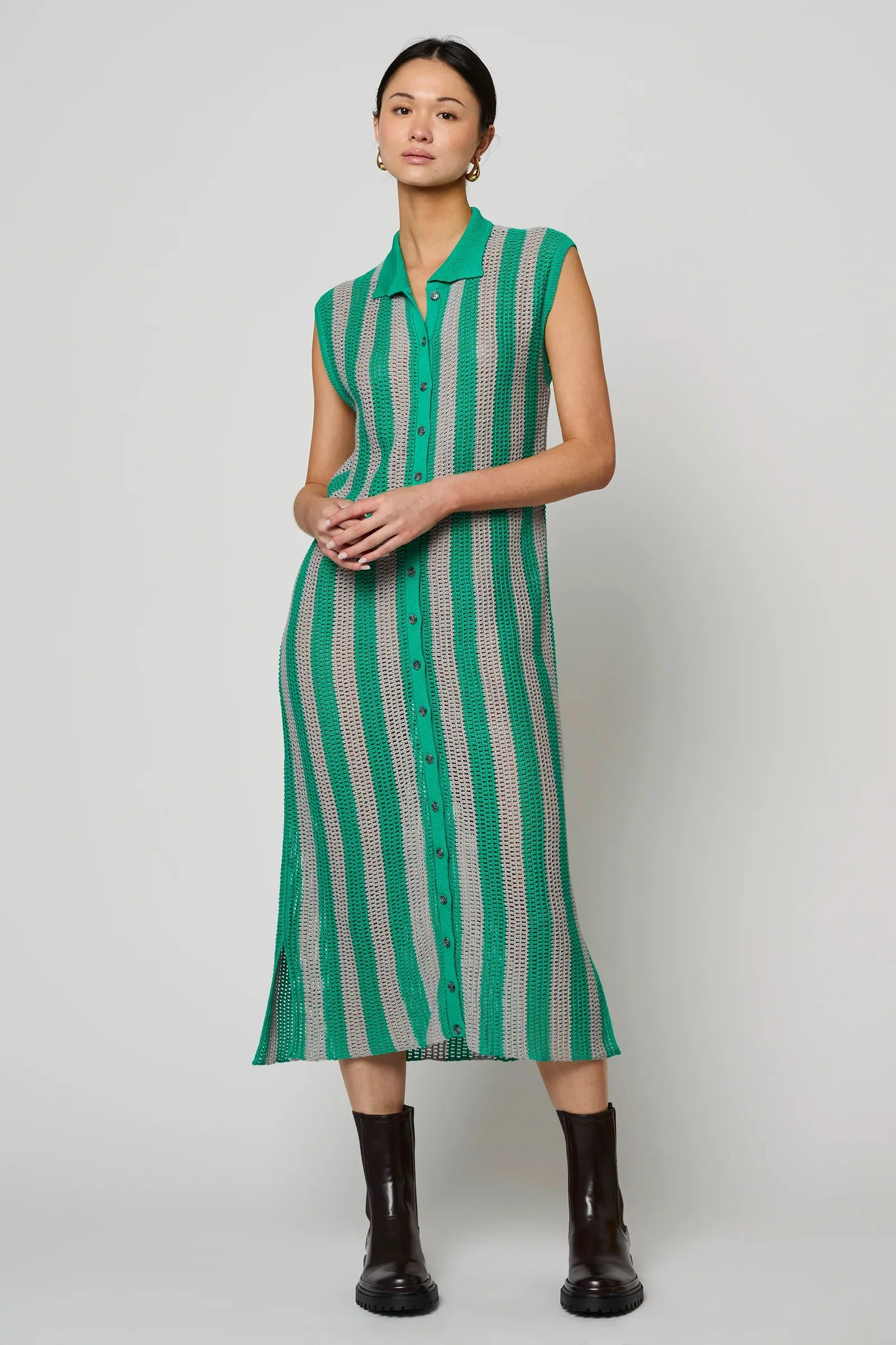 Atelier Delphine Shirt Dress Openwork Knit Dress - Green/ Silver - Image 2