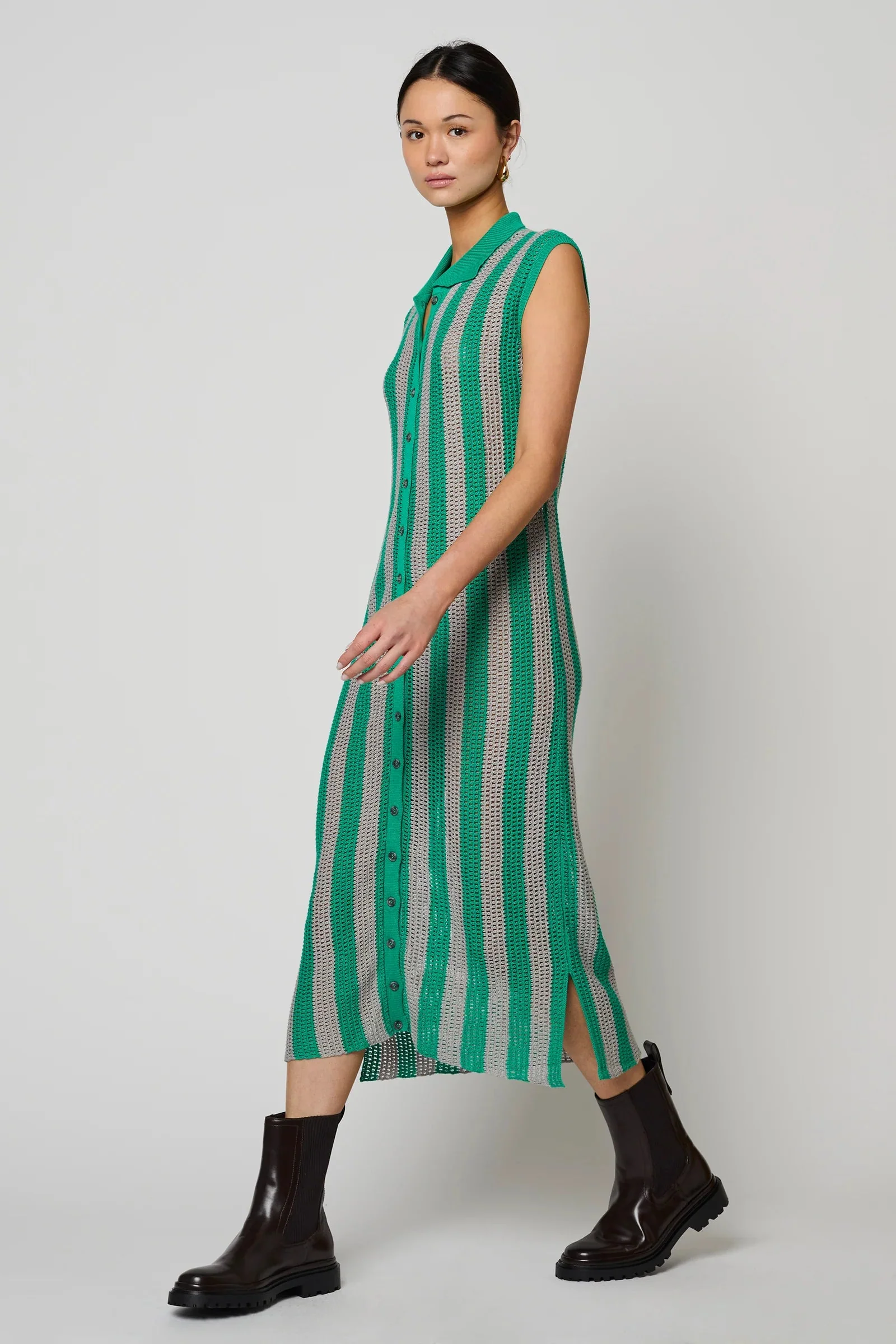 Atelier Delphine Shirt Dress Openwork Knit Dress - Green/ Silver - Image 3