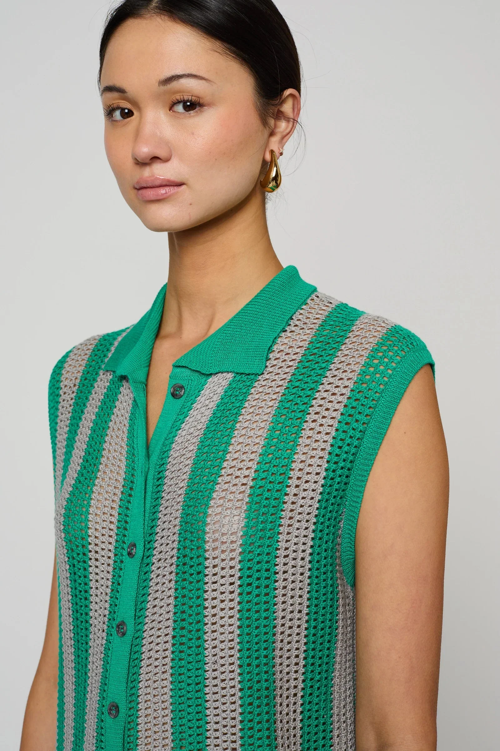 Atelier Delphine Shirt Dress Openwork Knit Dress - Green/ Silver - Image 4