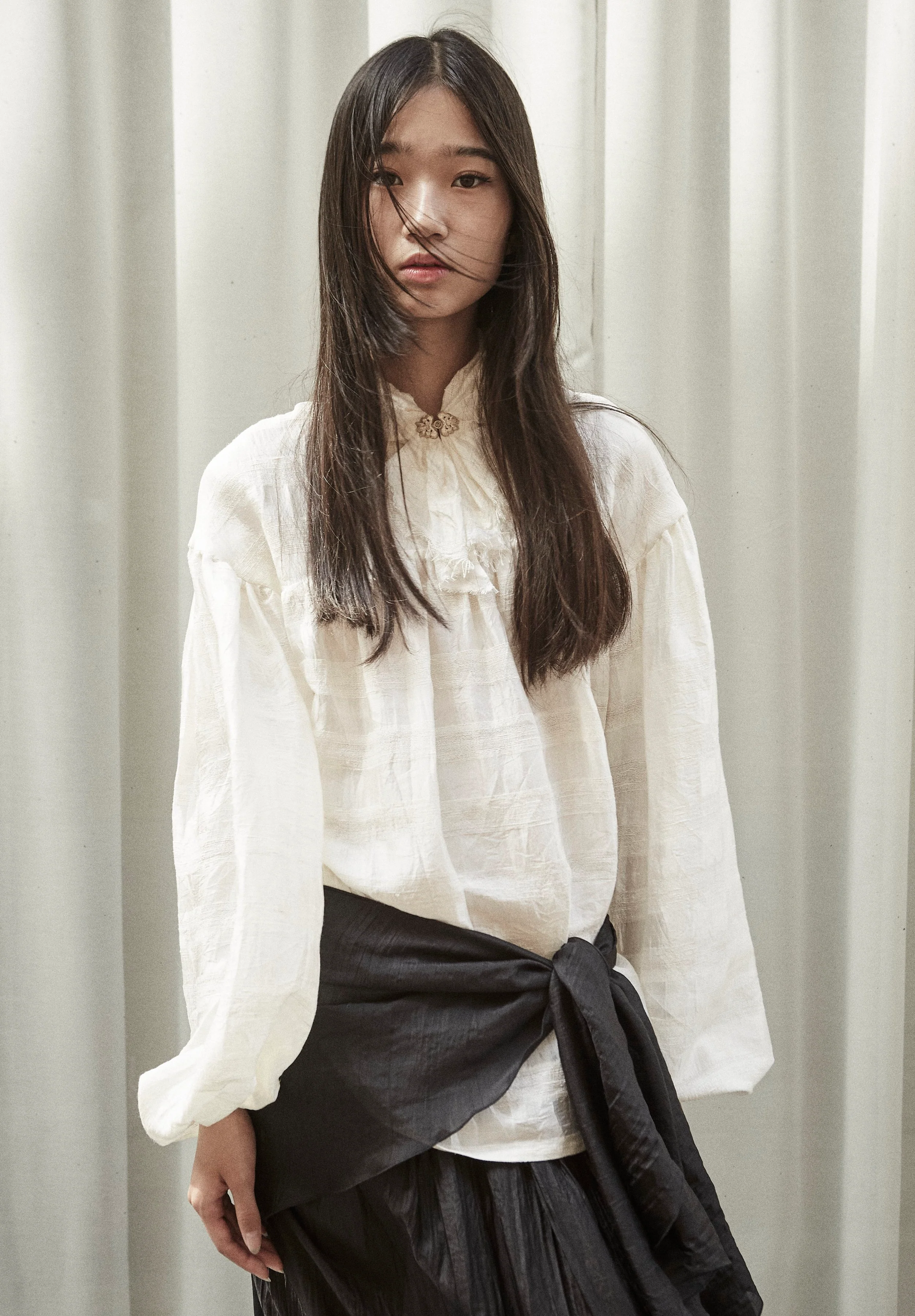 K M by L A N G E Silk Long Sleeve Blouse - White - Image 3