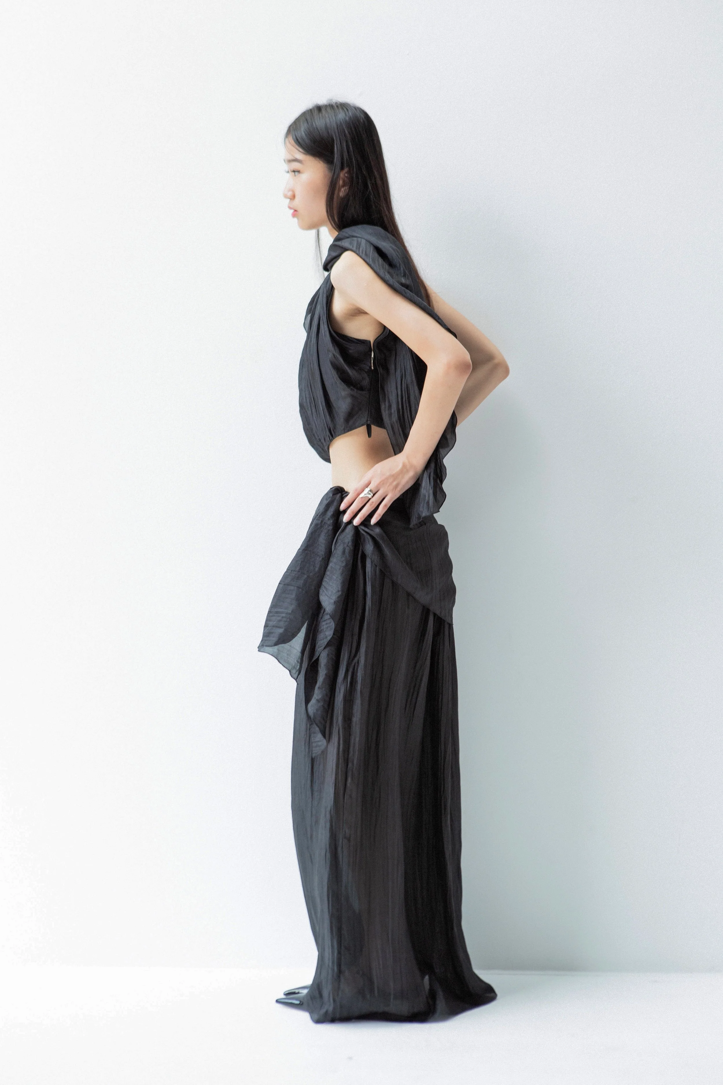 K M by L A N G E Pure Silk Wrapped Long Skirt - Black - Image 2