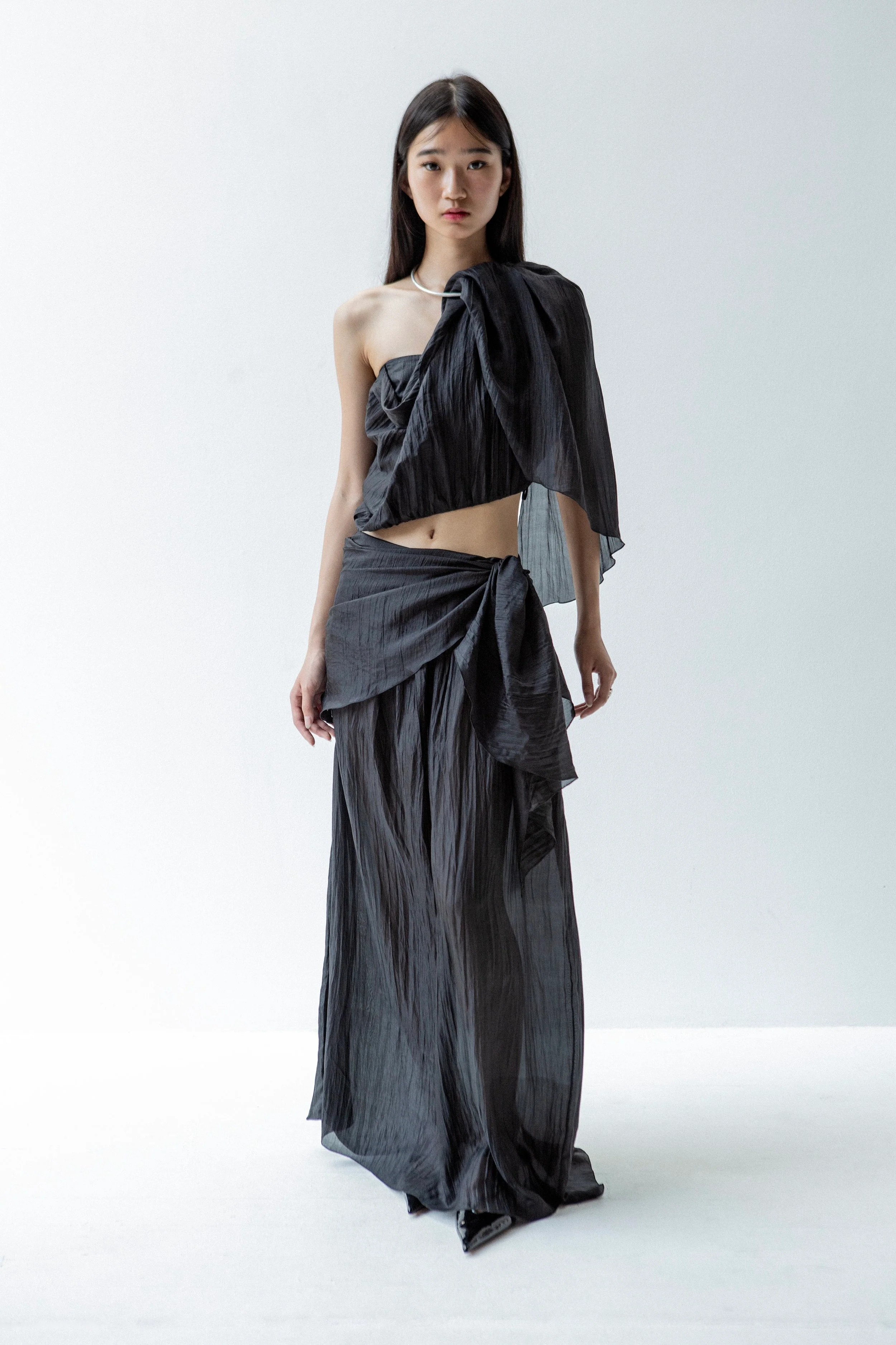 K M by L A N G E Pure Silk Wrapped Long Skirt - Black - Image 4