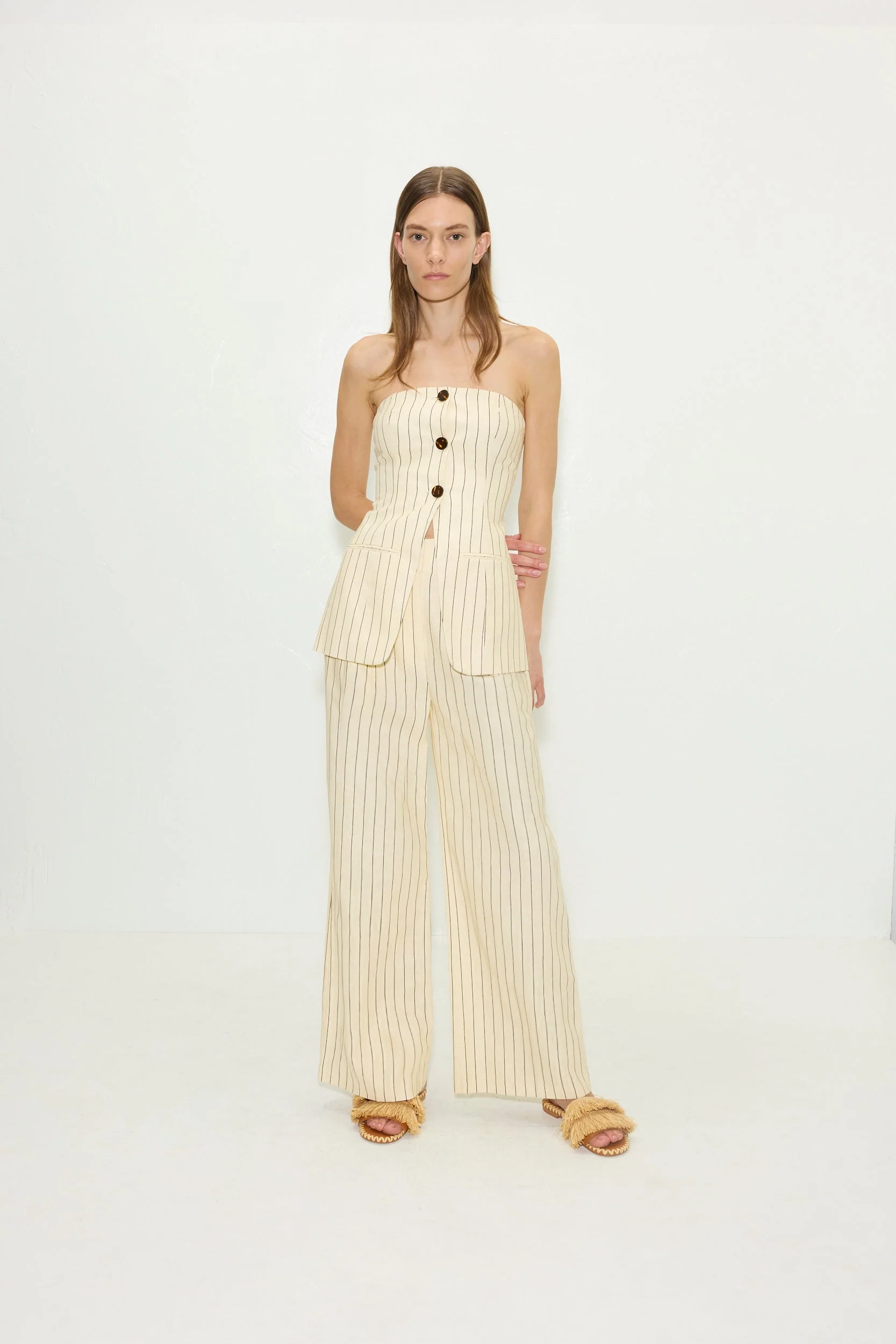 Simon Miller Mori Strapless Linen Top - Cream Pinstripe - Image 3