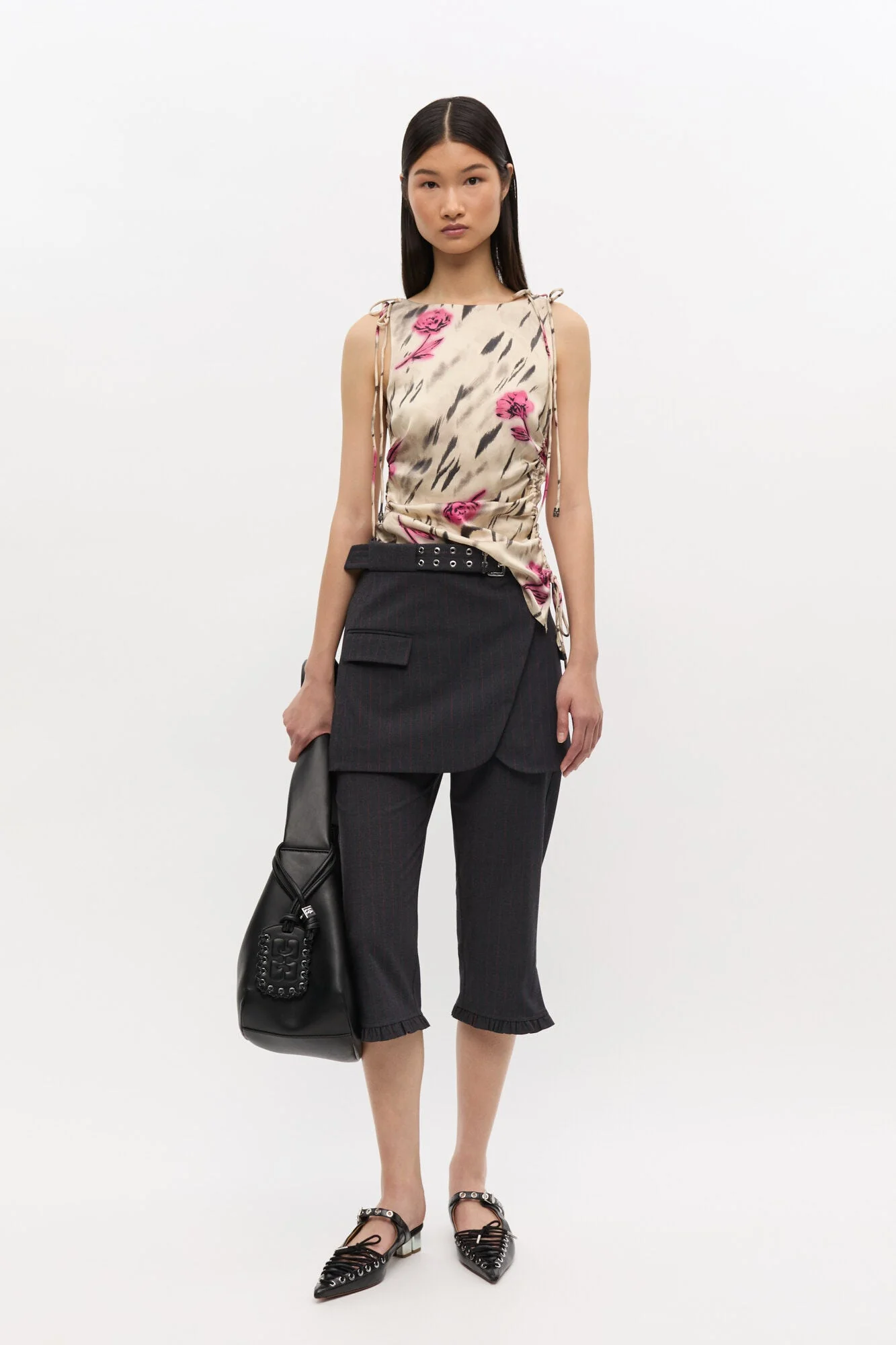 Ganni Printed Stretch Satin Gathered Top - Multi-Color Floral Print