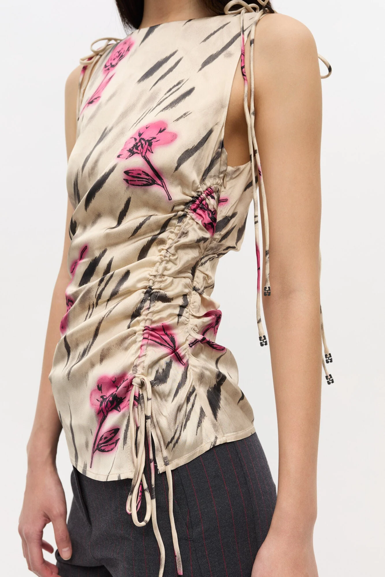 Ganni Printed Stretch Satin Gathered Top - Multi-Color Floral Print - Image 2