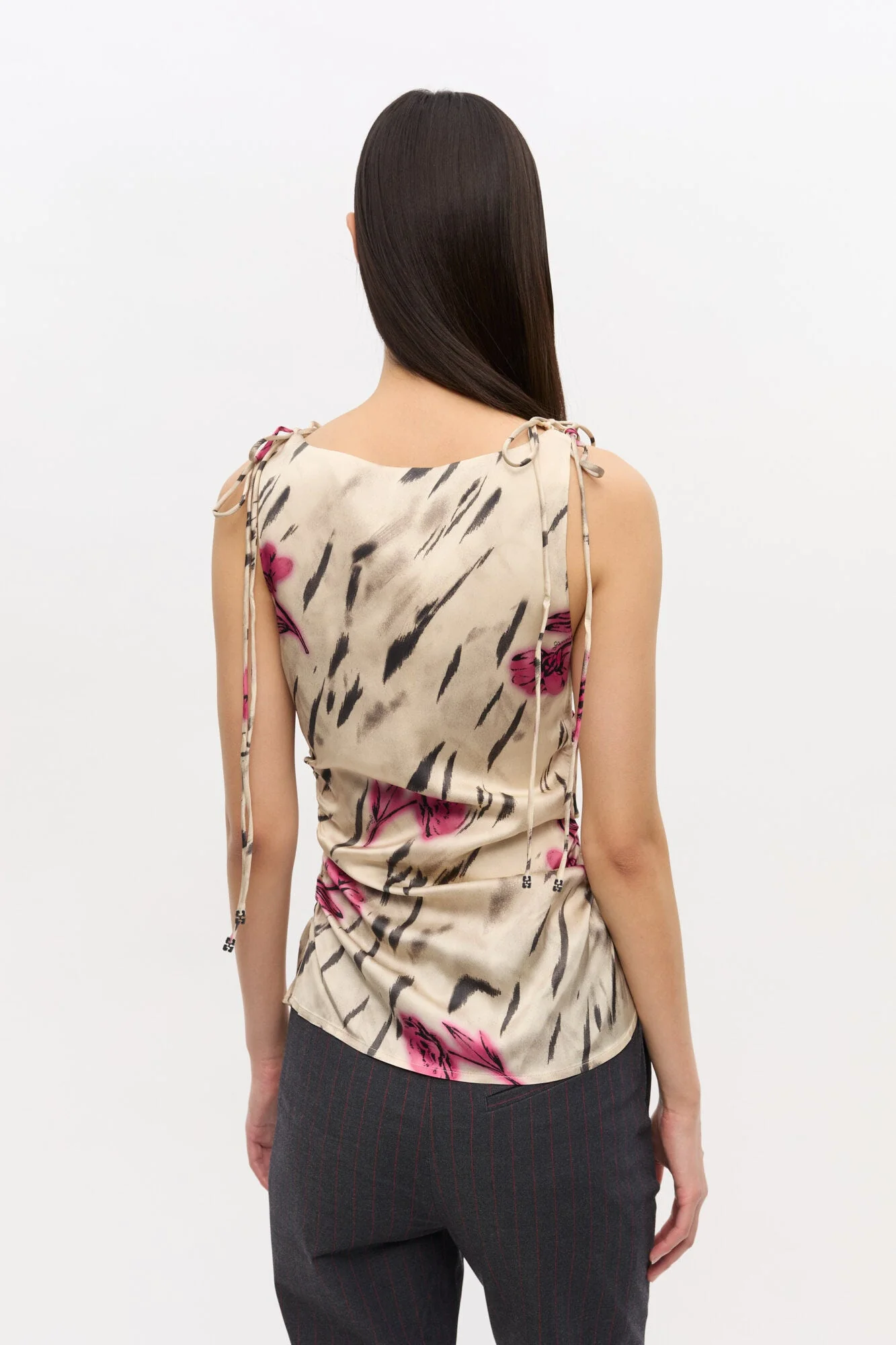 Ganni Printed Stretch Satin Gathered Top - Multi-Color Floral Print - Image 3