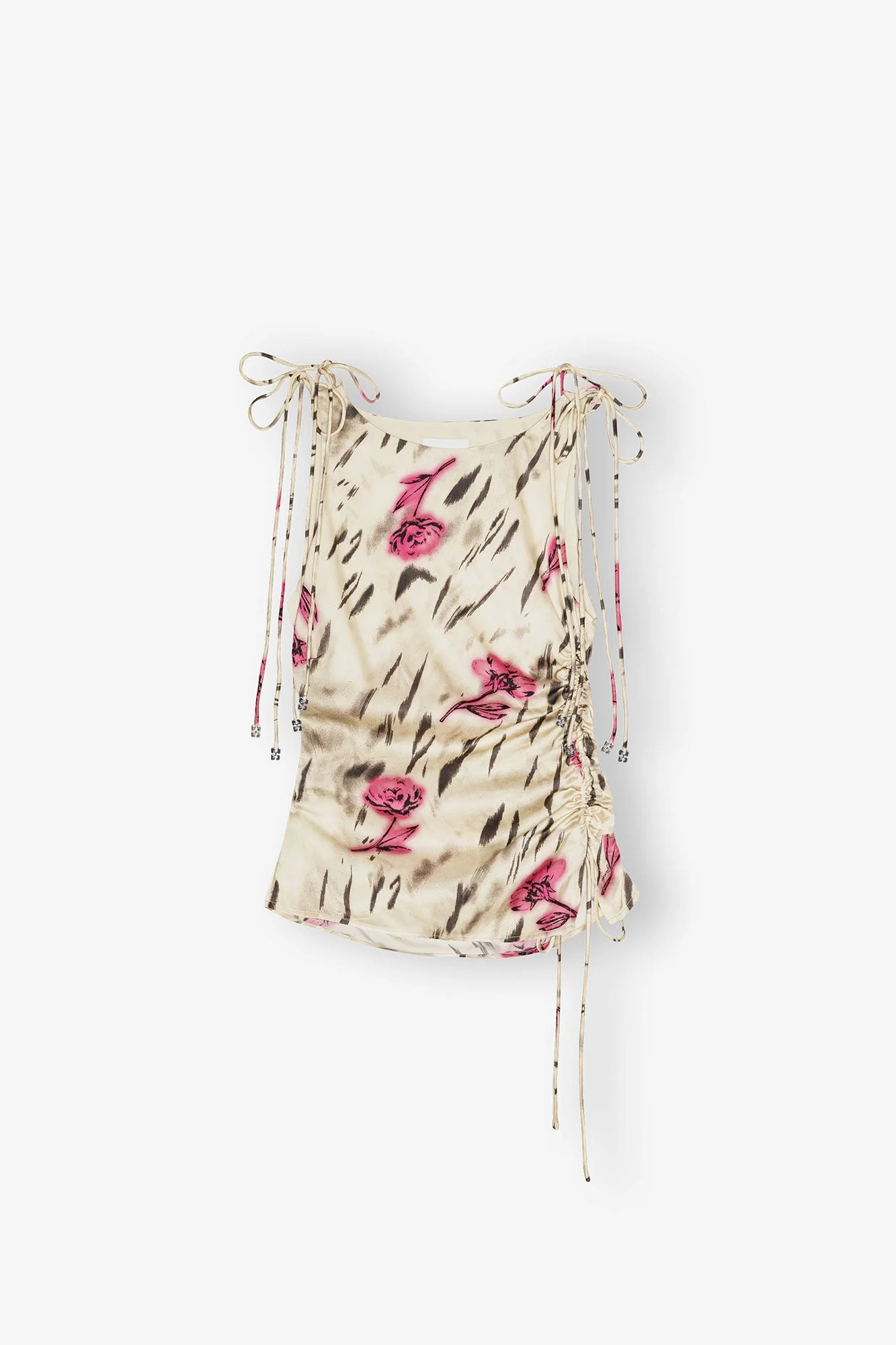 Ganni Printed Stretch Satin Gathered Top - Multi-Color Floral Print - Image 4