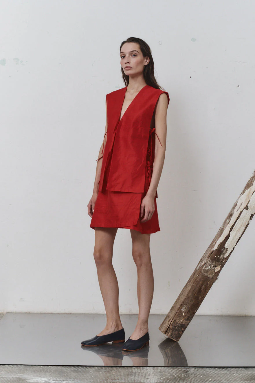 Datura Carmine Dupion Wrap Mini Skirt - Image 2