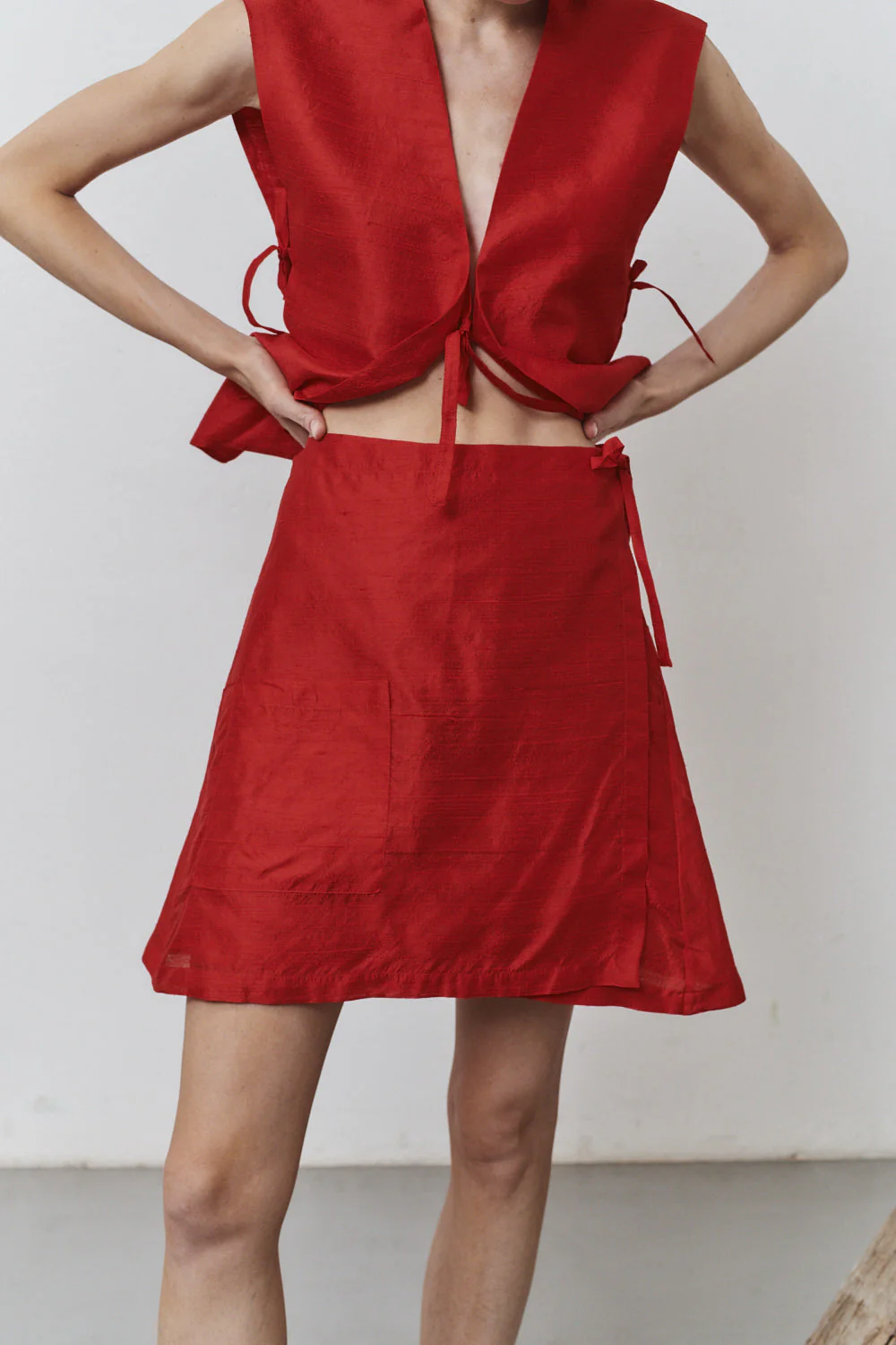 Datura Carmine Dupion Wrap Mini Skirt - Image 3