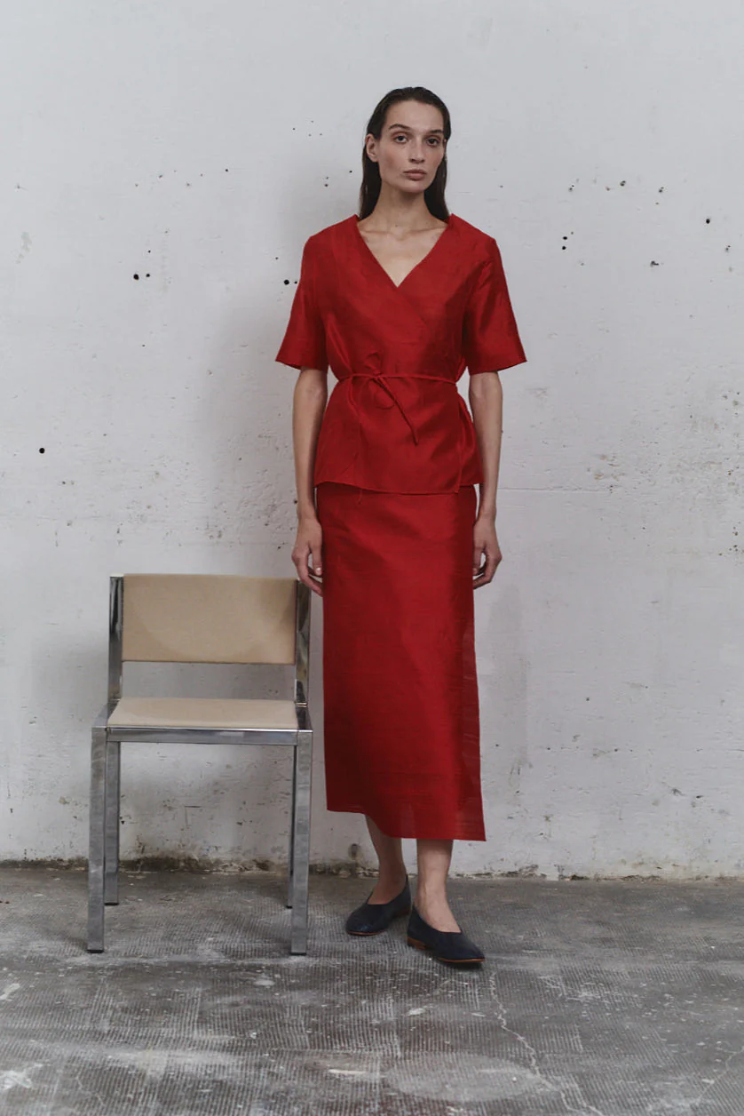 Datura Carmine Dupion Wrap Top - Image 2