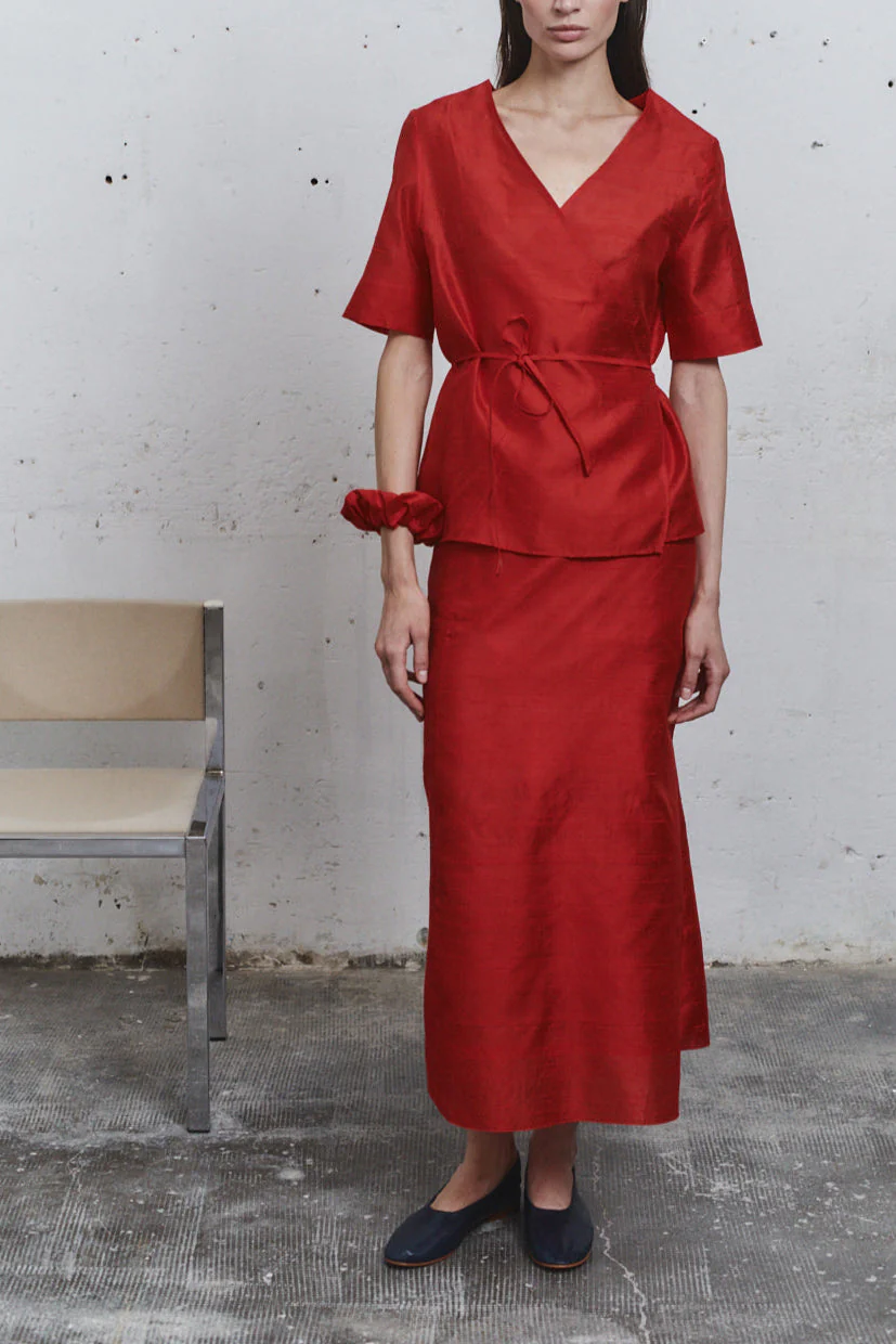 Datura Carmine Dupion Wrap Top - Image 3