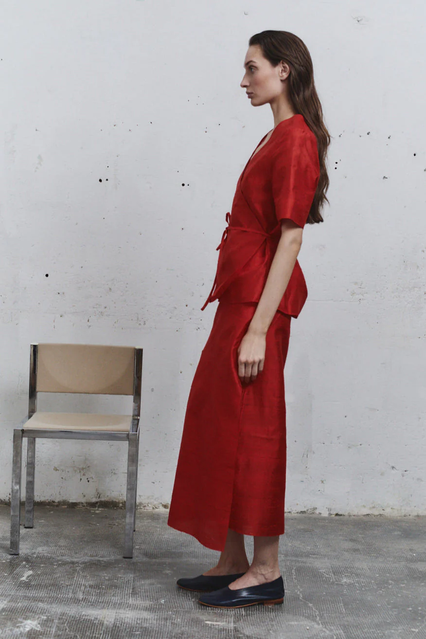 Datura Carmine Dupion Wrap Top - Image 6