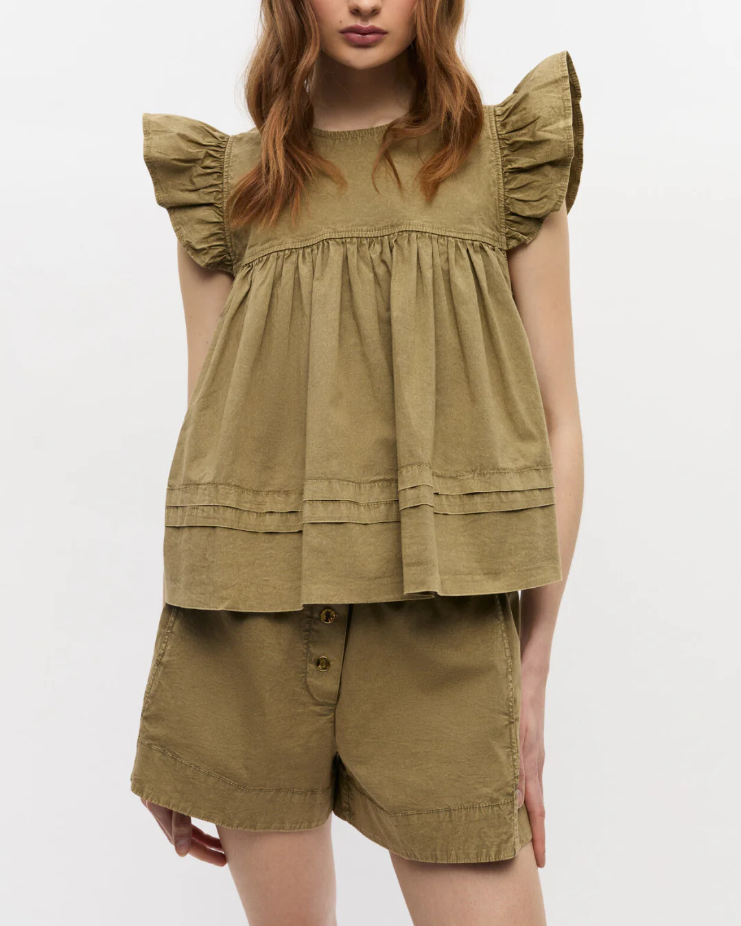 Ganni Washed Stretch Cotton Frill Sleeve Top - Boa - Image 2