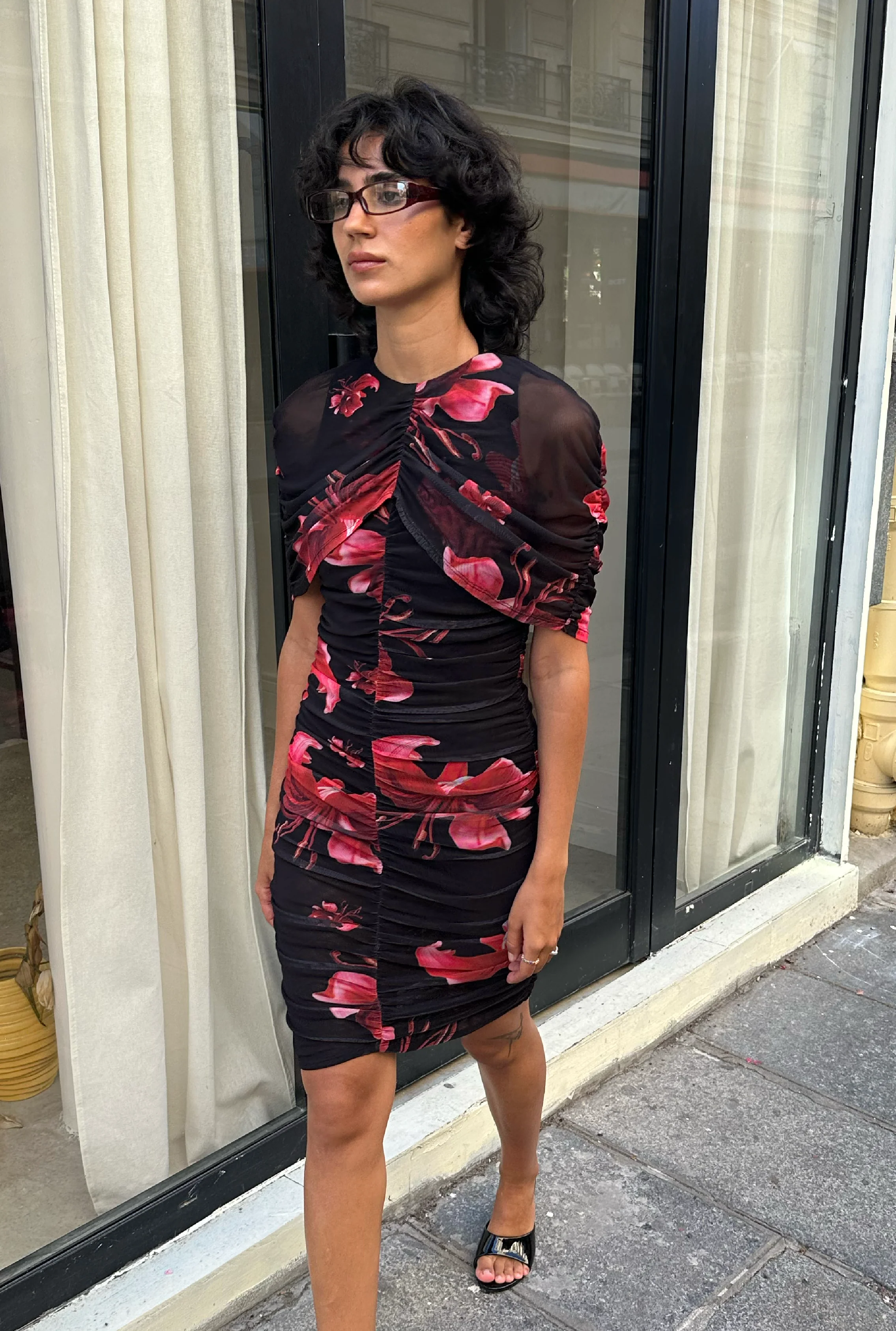 SAEMDI Draped Floral Mini Mesh Dress - Image 2