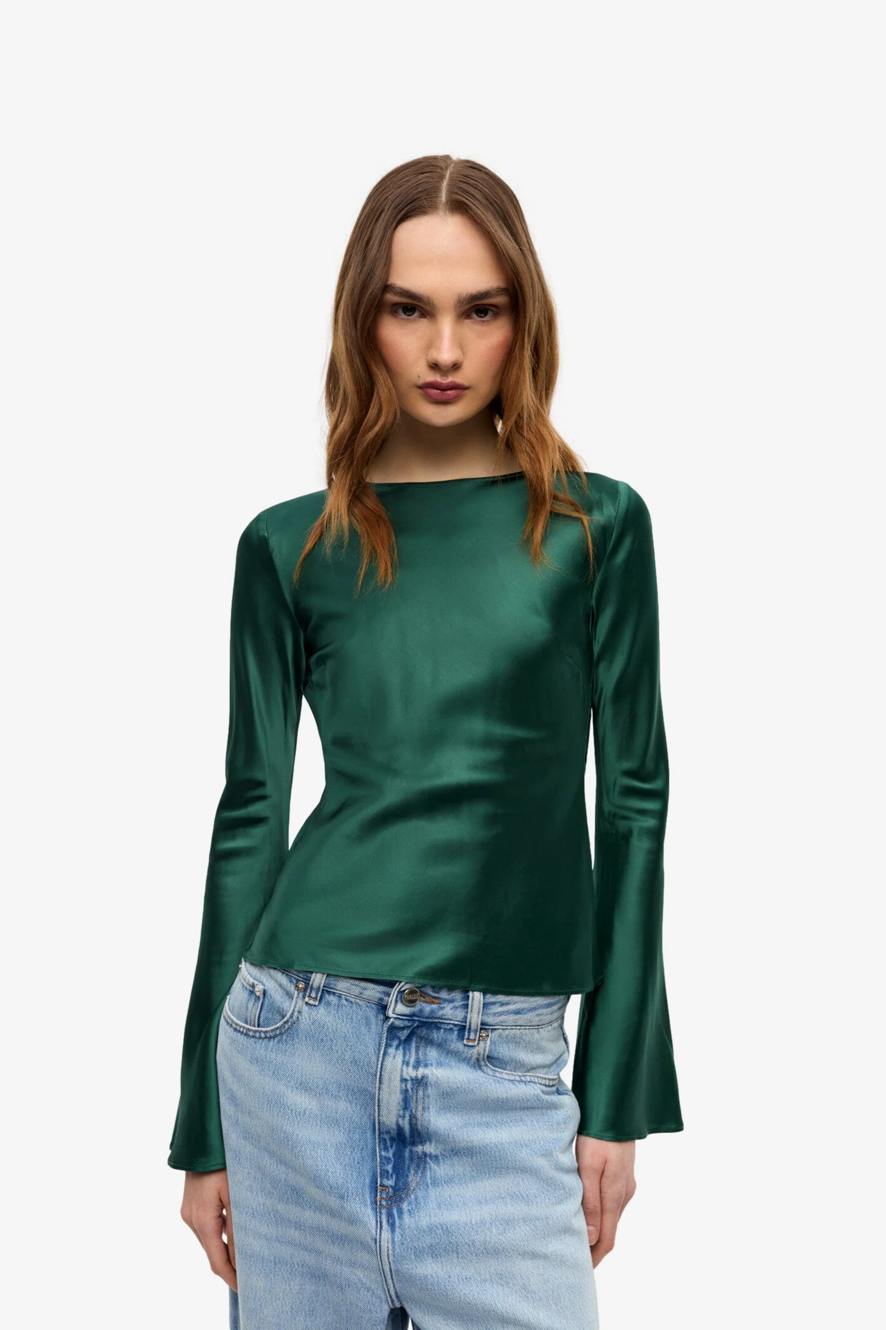 Ganni Solid Stretch Satin Long Sleeve Blouse - Image 2