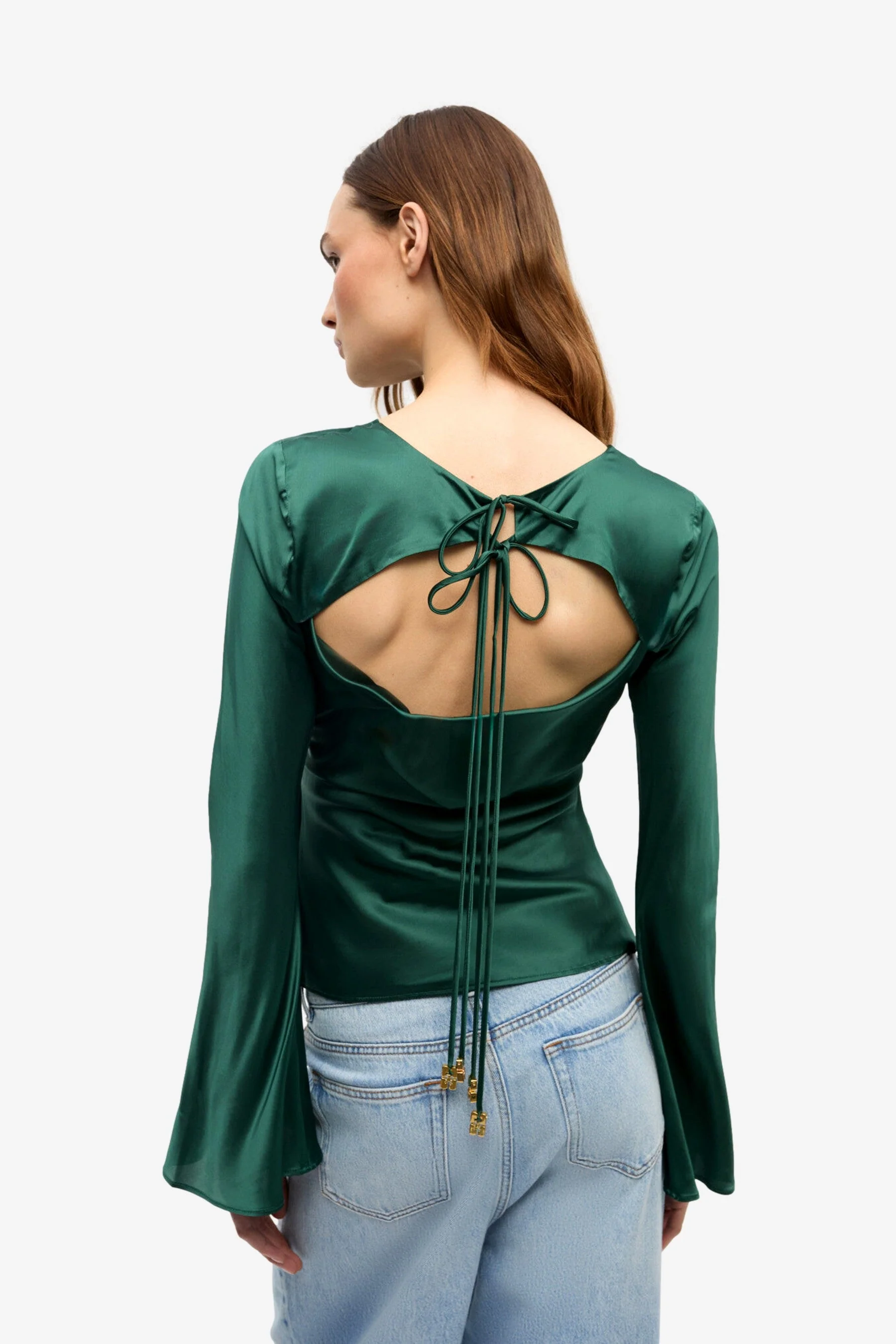 Ganni Solid Stretch Satin Long Sleeve Blouse - Image 4